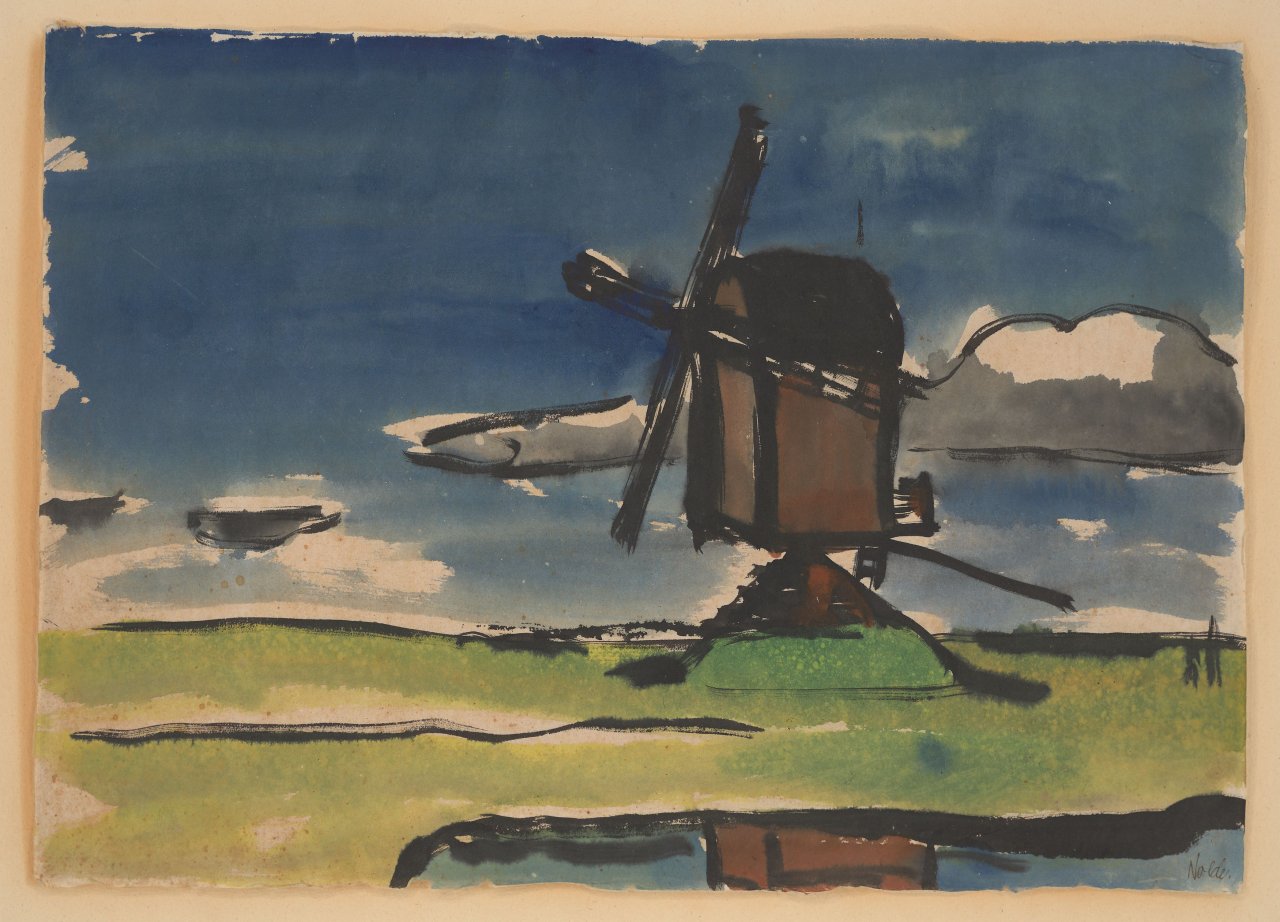 This picture shows the following artwork: Emil Nolde. ”Bockwindmühle in Nordfriesland”. 1920s.