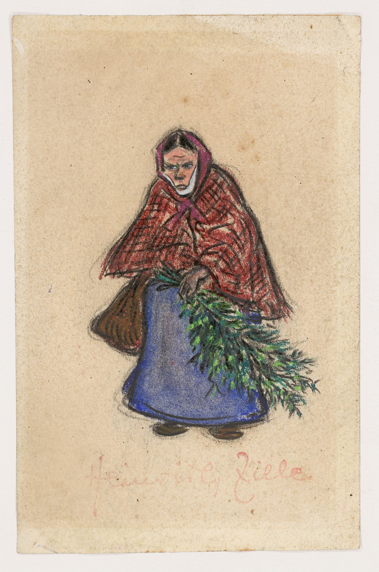 This picture shows the following artwork: Heinrich Zille. ”Alte Frau mit Tannenzweigen”. Circa 1915.