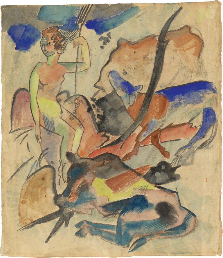 This picture shows the following artwork: Heinrich Campendonk. "Hirtin mit Kühen". Circa 1912.