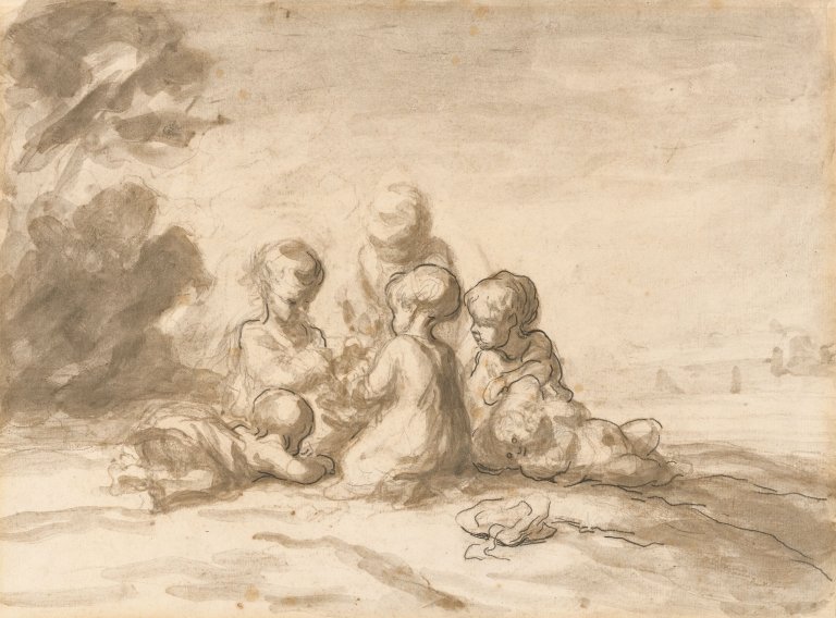 This picture shows the following artwork: Honoré Daumier. ”Enfants jouant sous des arbres”.