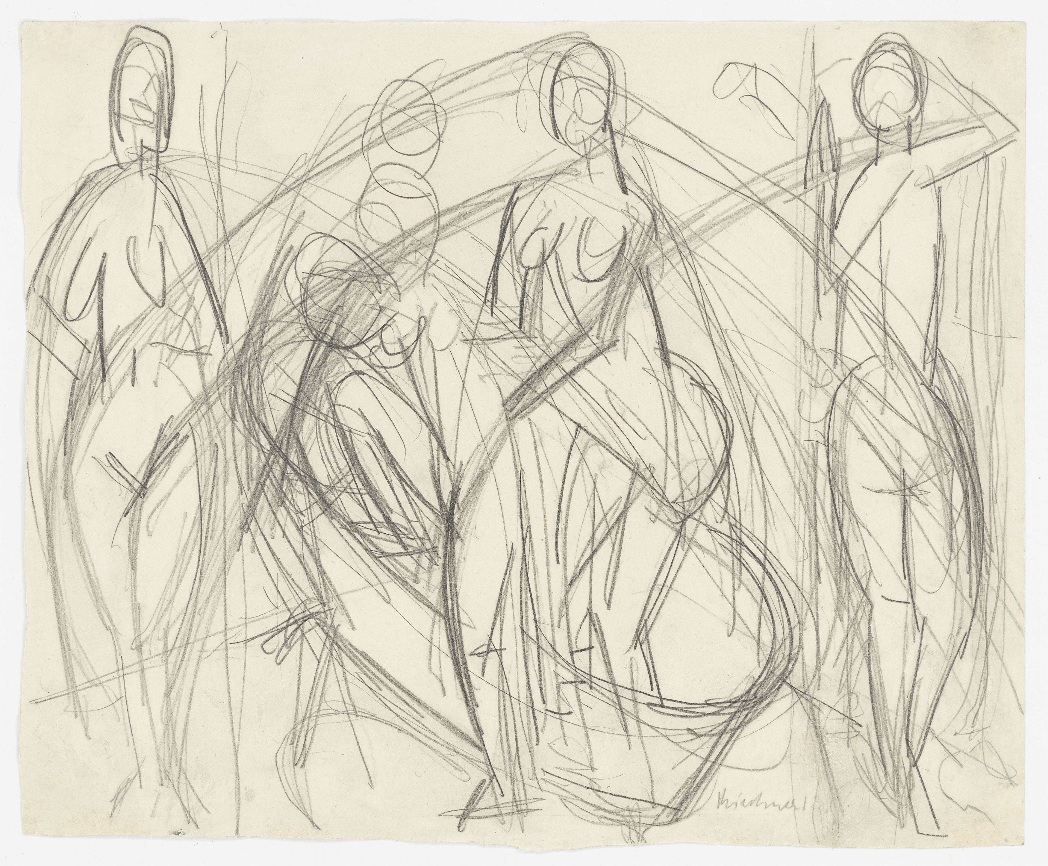 Auf diesem Bild ist das folgende Kunstwerk zu sehen: Ernst Ludwig Kirchner. Skizze zu „Badende Frauen“. 1913.