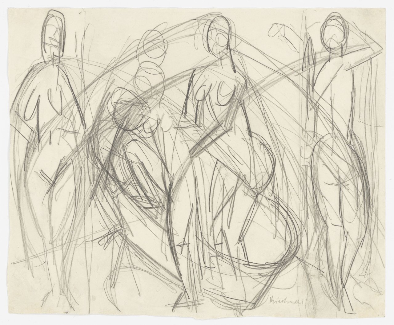 Auf diesem Bild ist das folgende Kunstwerk zu sehen: Ernst Ludwig Kirchner. Skizze zu „Badende Frauen“. 1913.