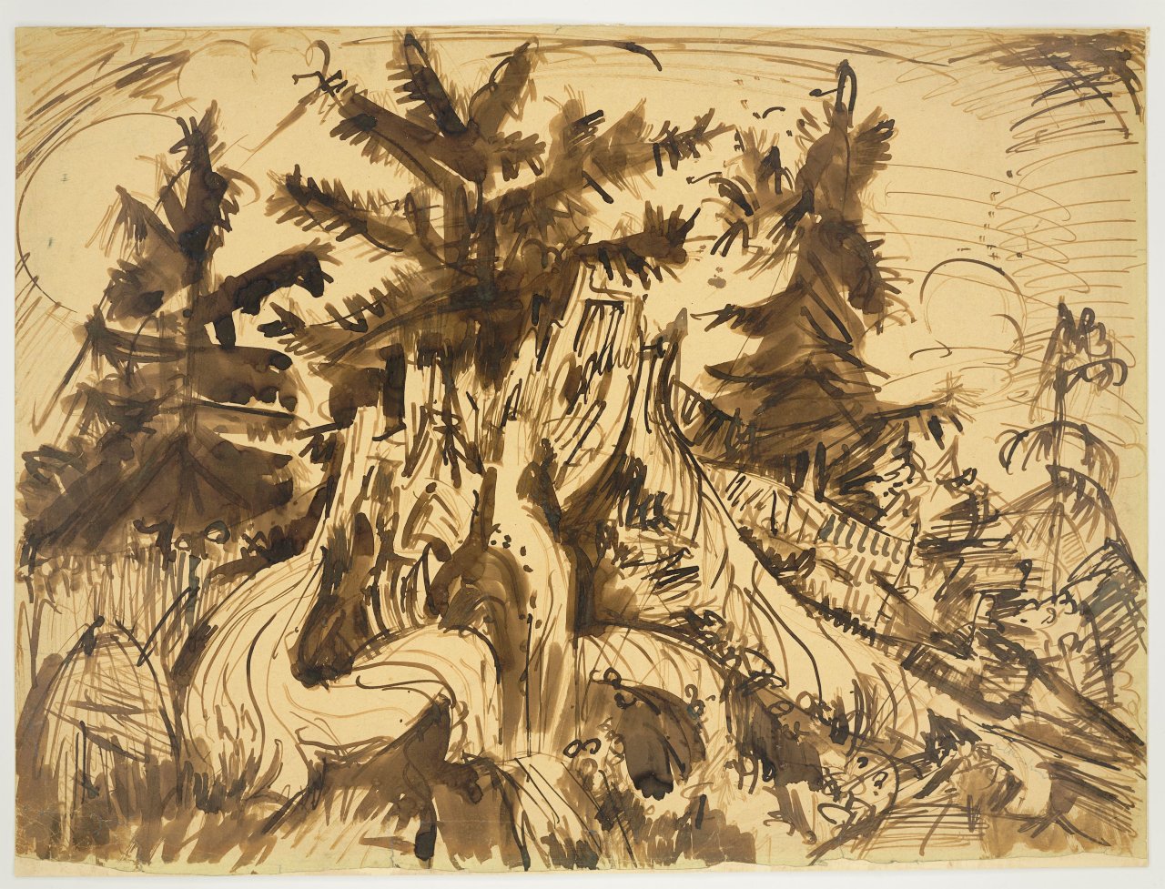 Auf diesem Bild ist das folgende Kunstwerk zu sehen: Ernst Ludwig Kirchner. Baumstumpf vor Arvengruppe. Wohl vor 1919.