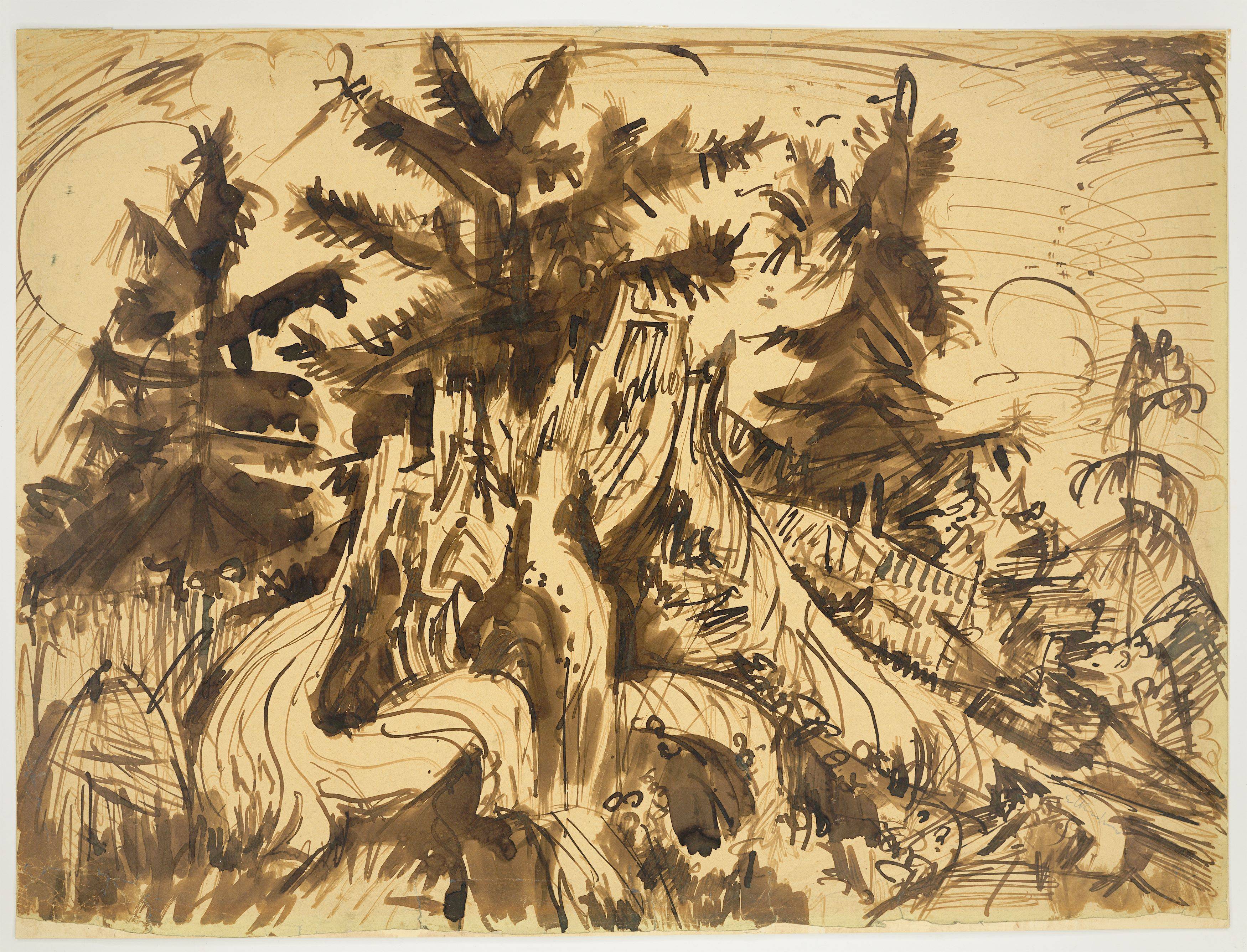 Auf diesem Bild ist das folgende Kunstwerk zu sehen: Ernst Ludwig Kirchner. Baumstumpf vor Arvengruppe. Wohl vor 1919.