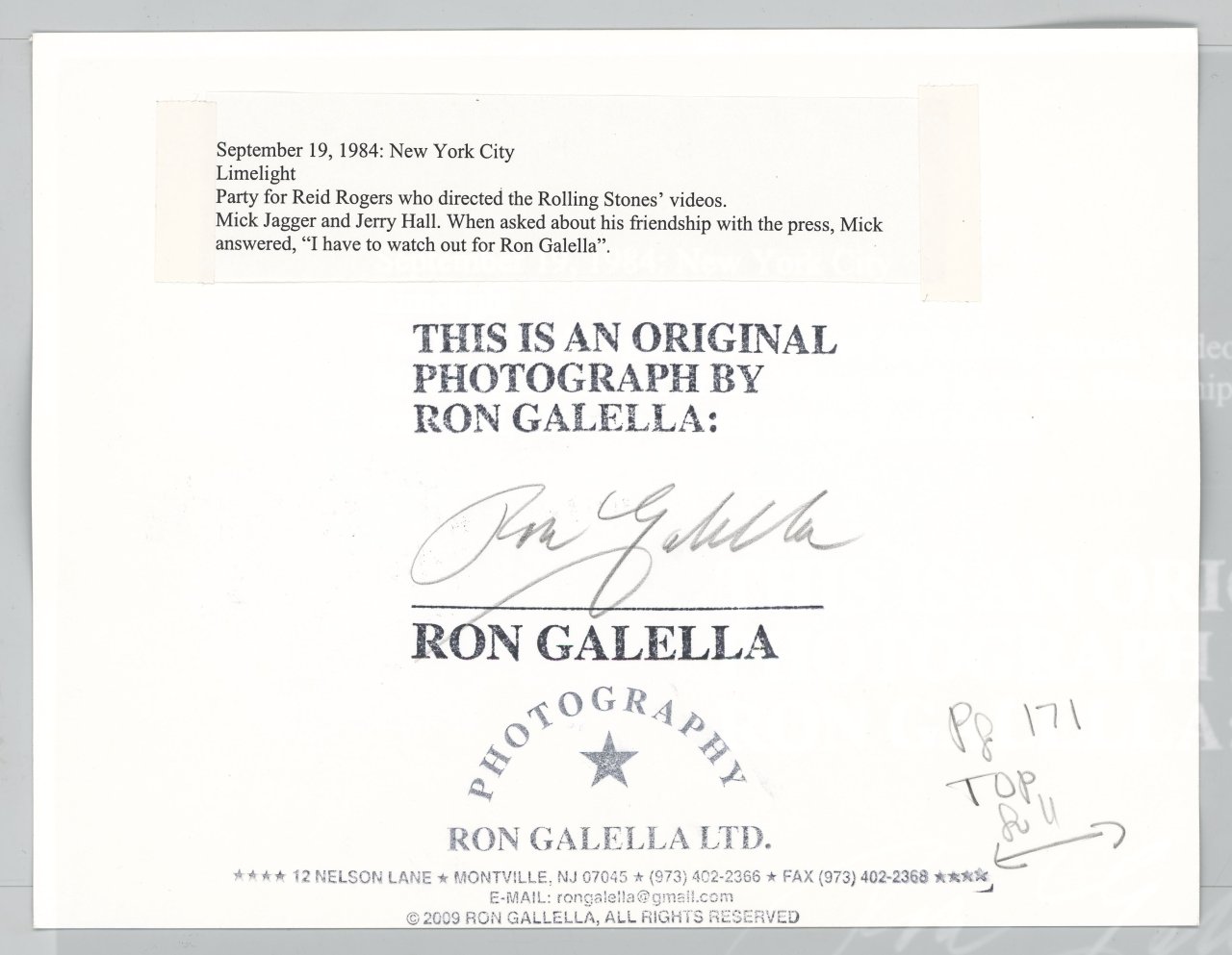 This picture shows the following artwork: Ron Galella (i.e. Galella, Ronald E.). Mick Jagger and Jerry Hall, New York City. 1984.