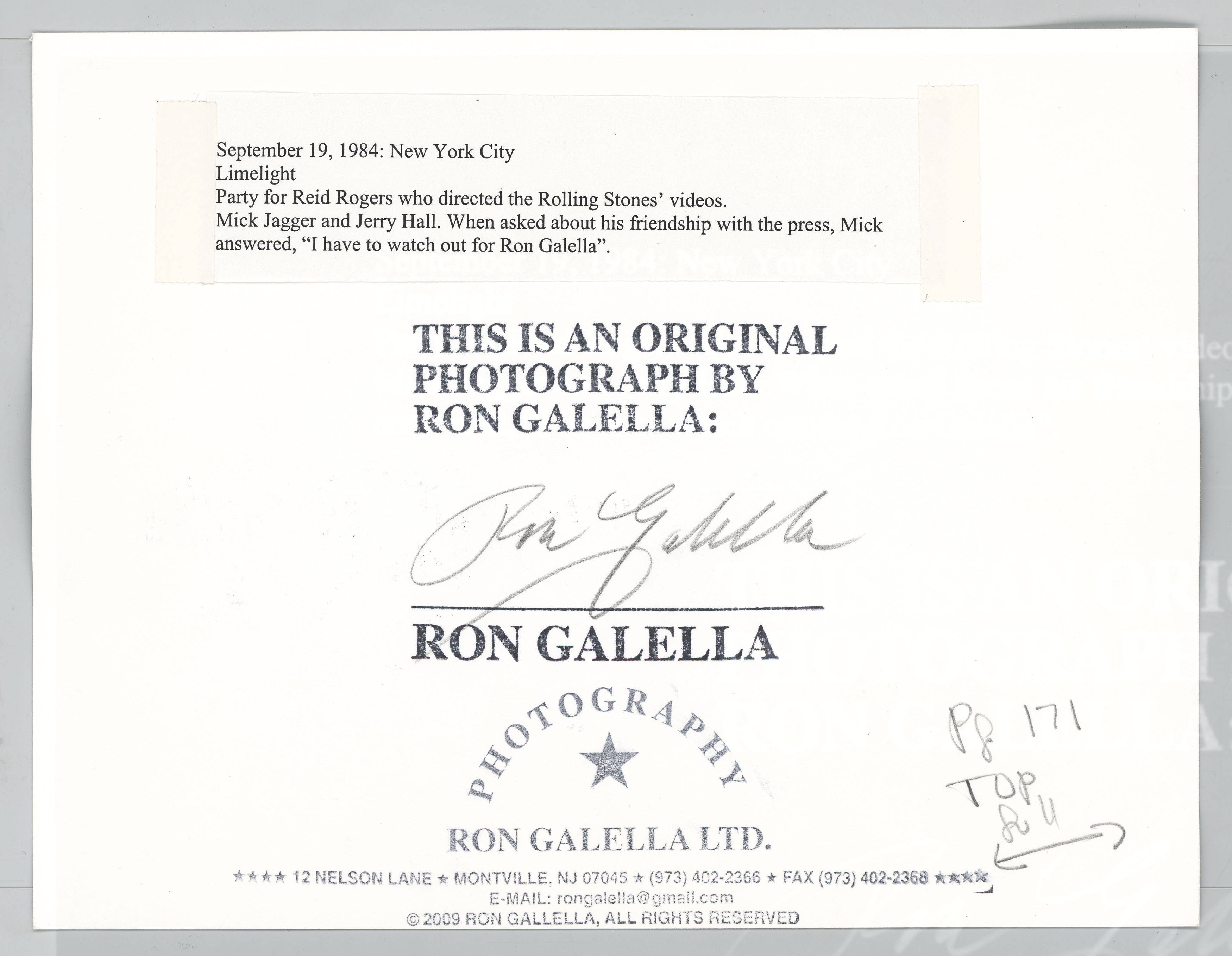 This picture shows the following artwork: Ron Galella (i.e. Galella, Ronald E.). Mick Jagger and Jerry Hall, New York City. 1984.