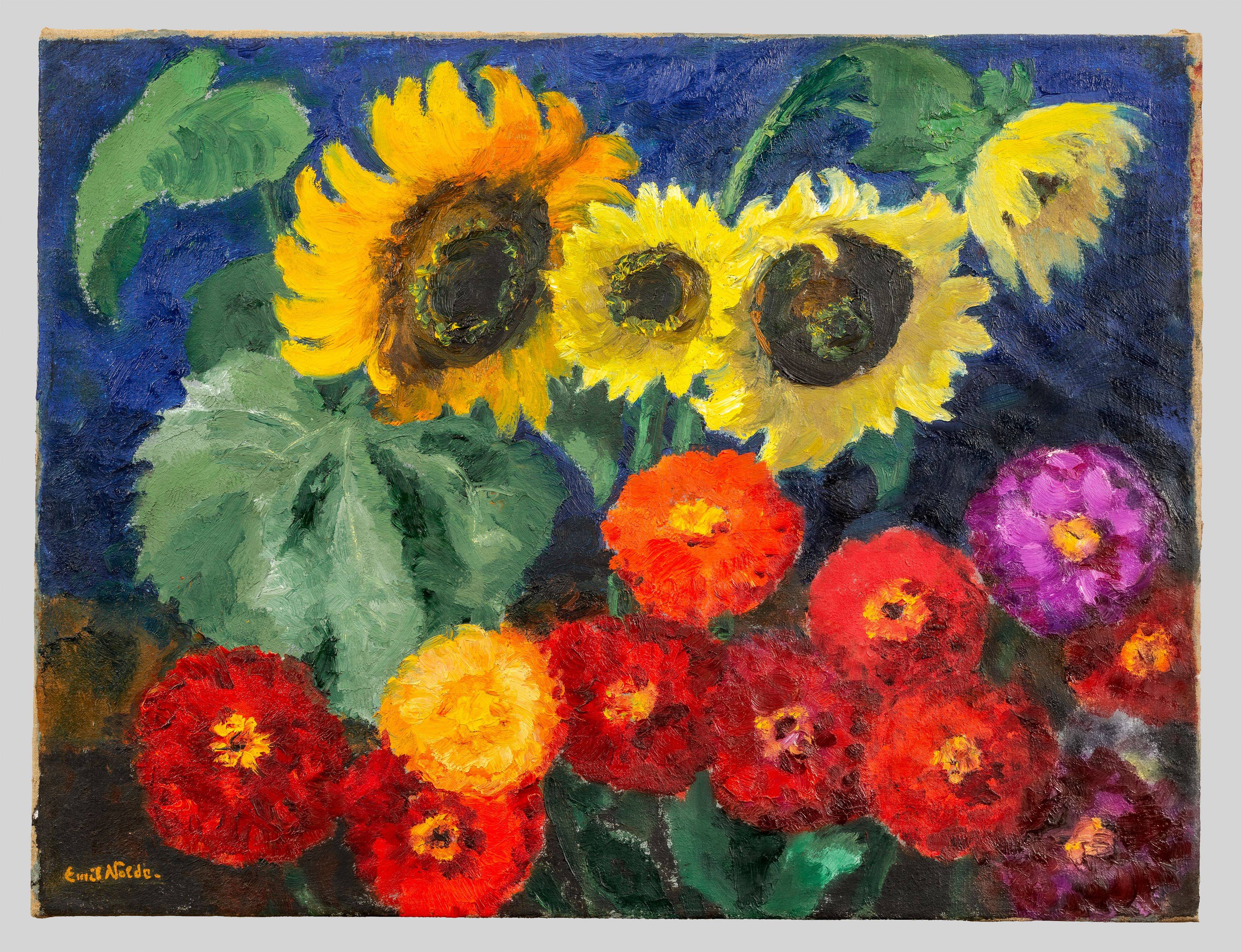 This picture shows the following artwork: Emil Nolde. ”Zinnien und Sonnenblumen”. 1940.