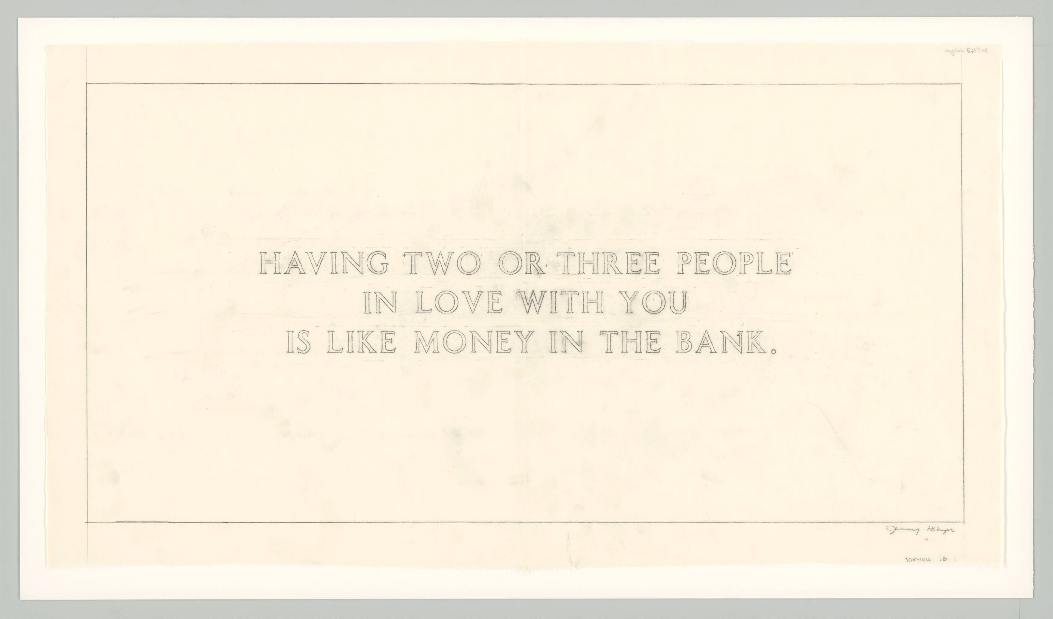 Auf diesem Bild ist das folgende Kunstwerk zu sehen: Jenny Holzer. „The Living Series: Having two or three people in love with you... (BENCH 18)“. 1980-82.