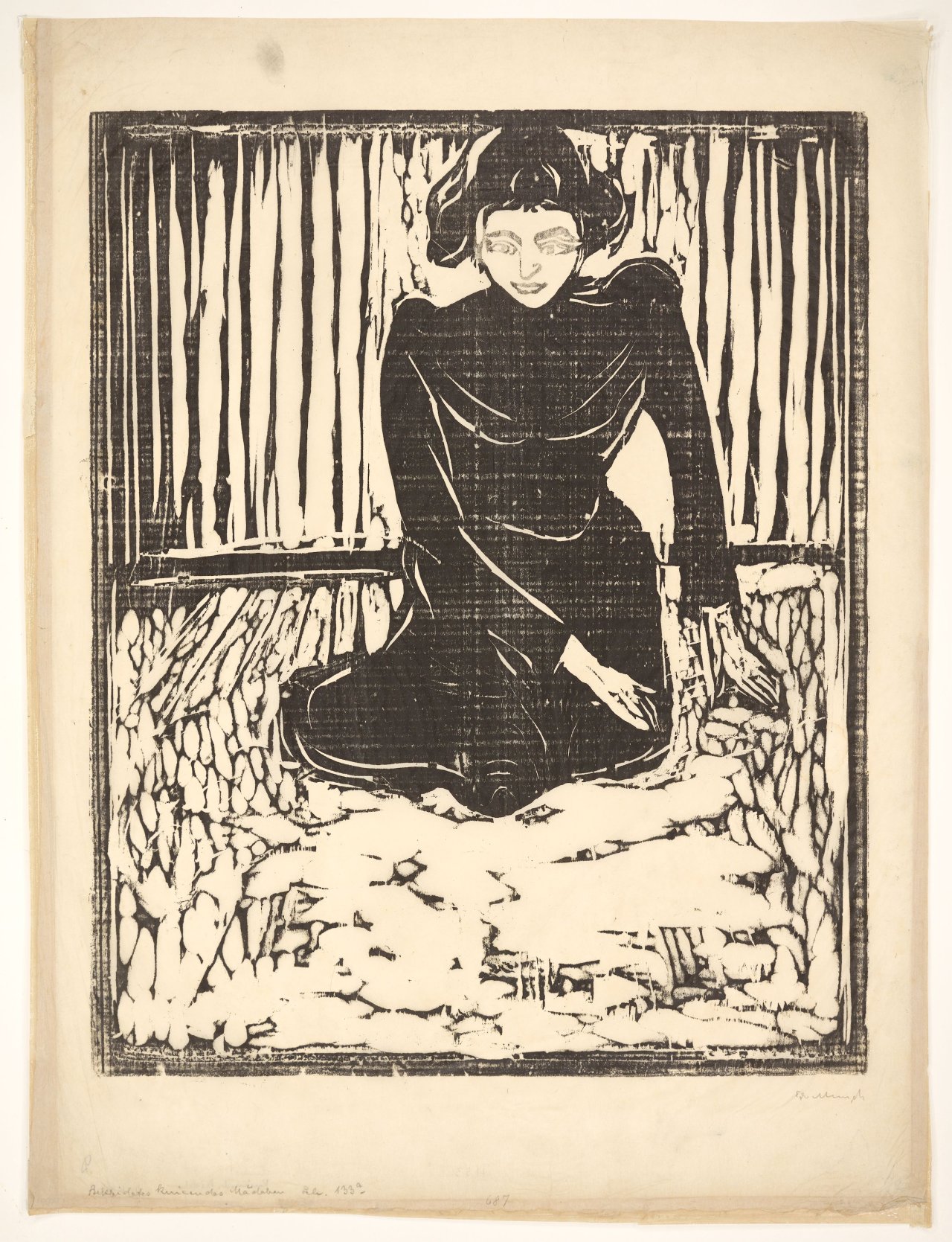 Auf diesem Bild ist das folgende Kunstwerk zu sehen: Edvard Munch. „Frau, auf dem Boden sitzend“. 1899.