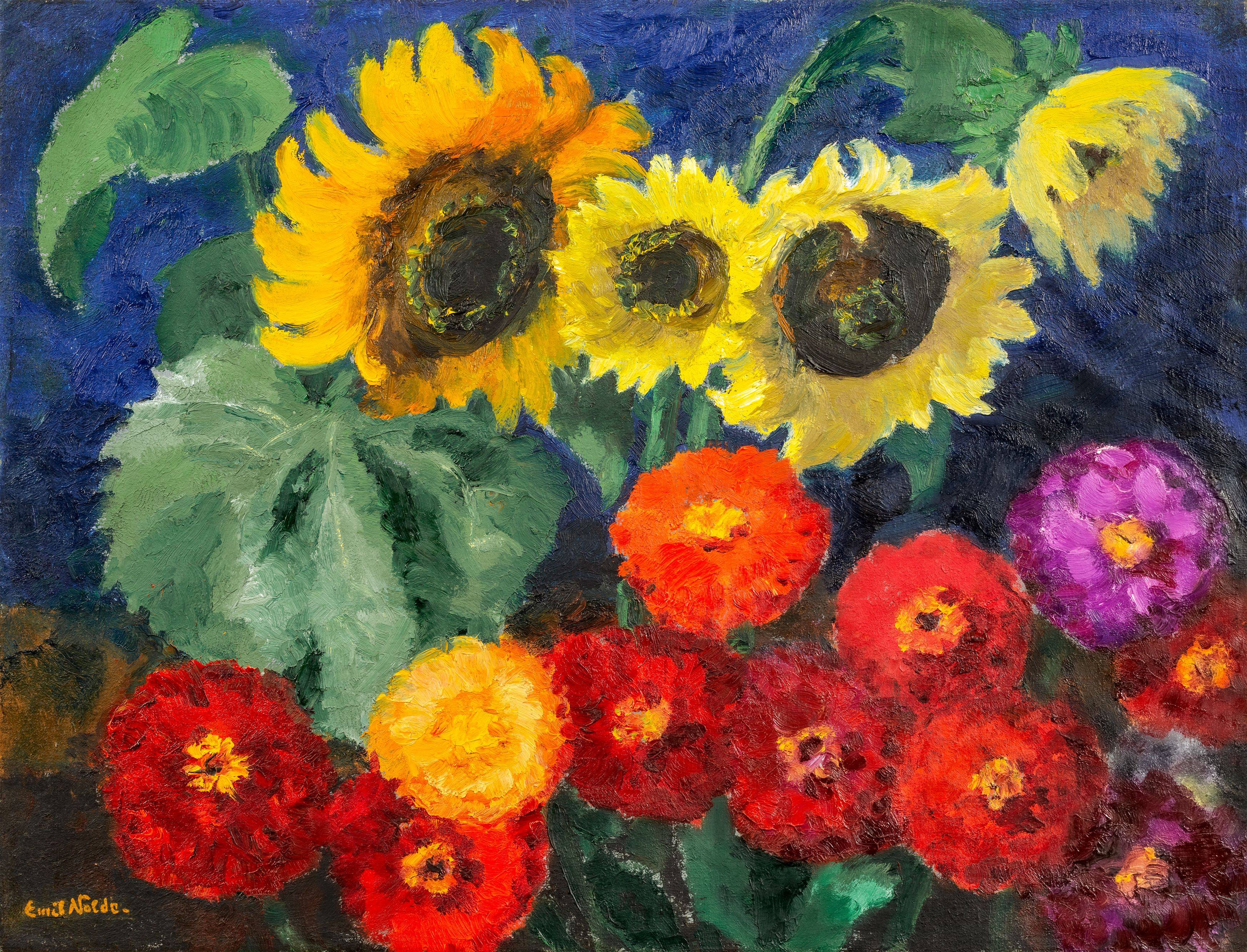 This picture shows the following artwork: Emil Nolde. ”Zinnien und Sonnenblumen”. 1940.