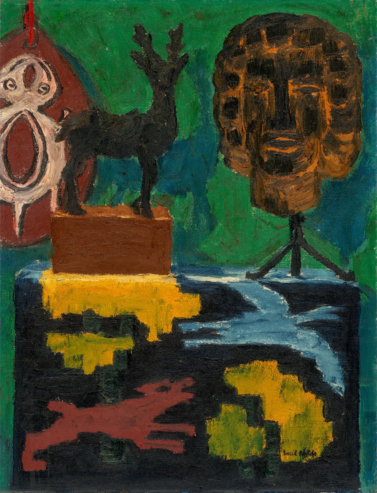 Auf diesem Bild ist das folgende Kunstwerk zu sehen: Emil Nolde. „Stilleben P (Grüner Hintergrund, Hirsch, Kopf)“. 1915.