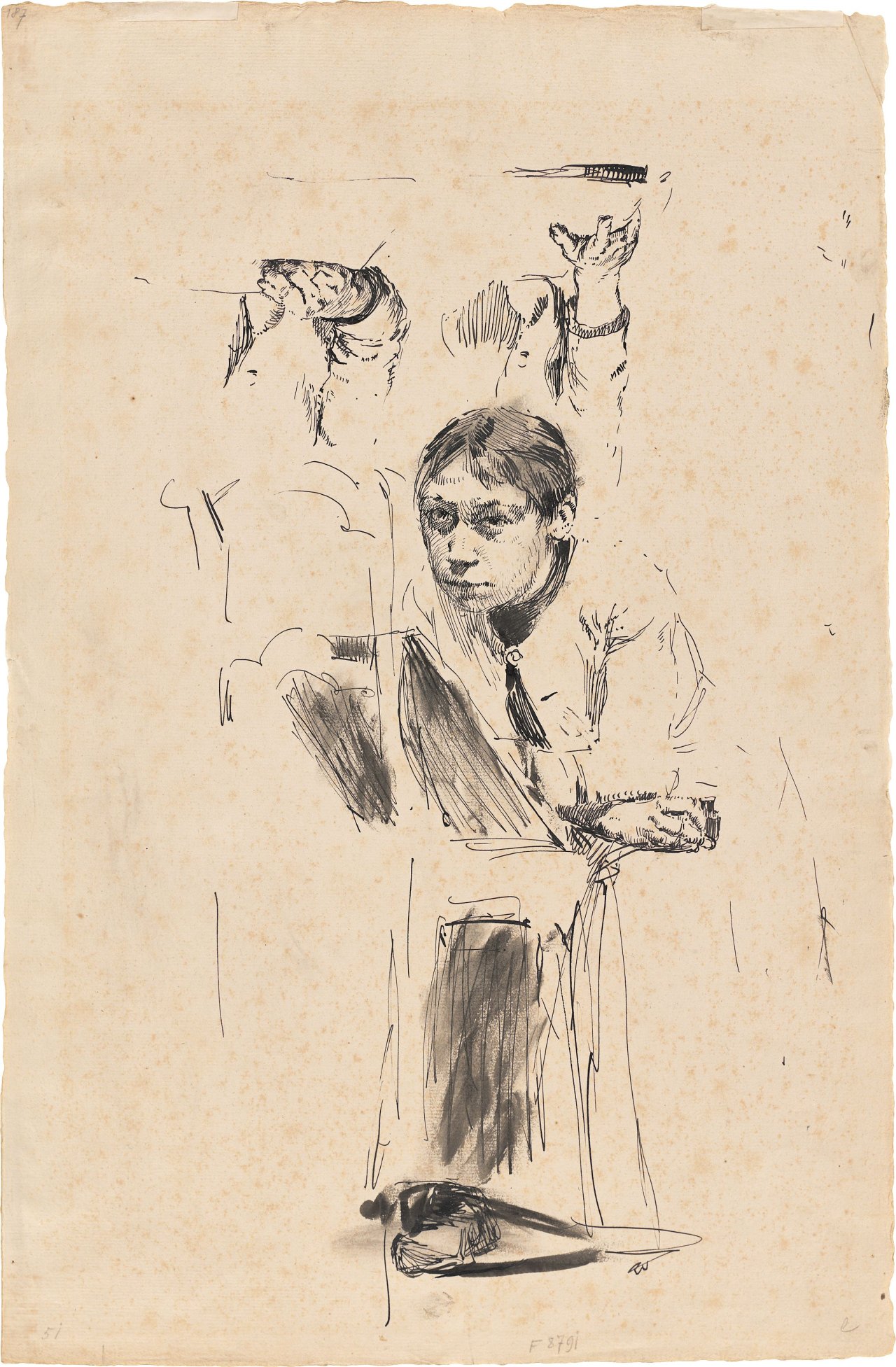 Auf diesem Bild ist das folgende Kunstwerk zu sehen: Käthe Kollwitz. „Selbstbildnis, vor einem Stuhl kniend“. Um 1891.