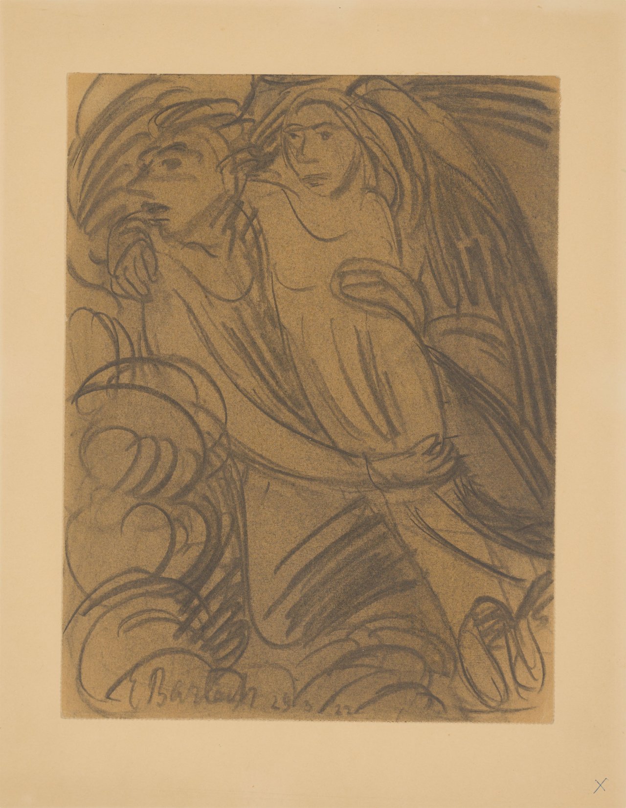 This picture shows the following artwork: Ernst Barlach. Floating angel carrying a female figure. 1922.