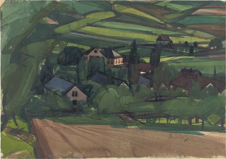 This picture shows the following artwork: Hermann Glöckner. ”Wunschendorf, von einer Höhe aus”. 1934.