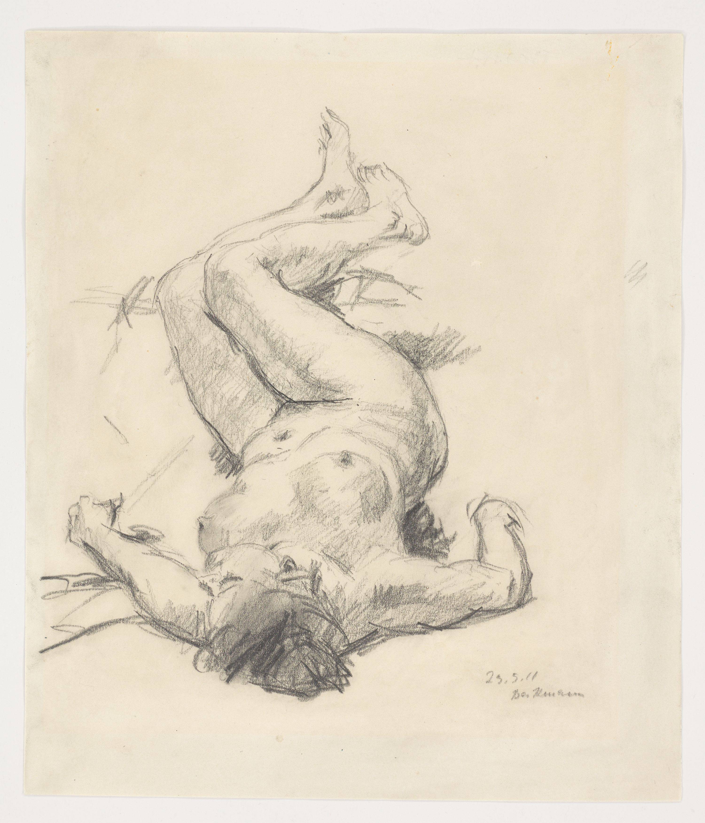 This picture shows the following artwork: Max Beckmann. ”Studie zur Amazonenschlacht – auf dem Rücken liegender weiblicher Akt, nach links”. 1911.