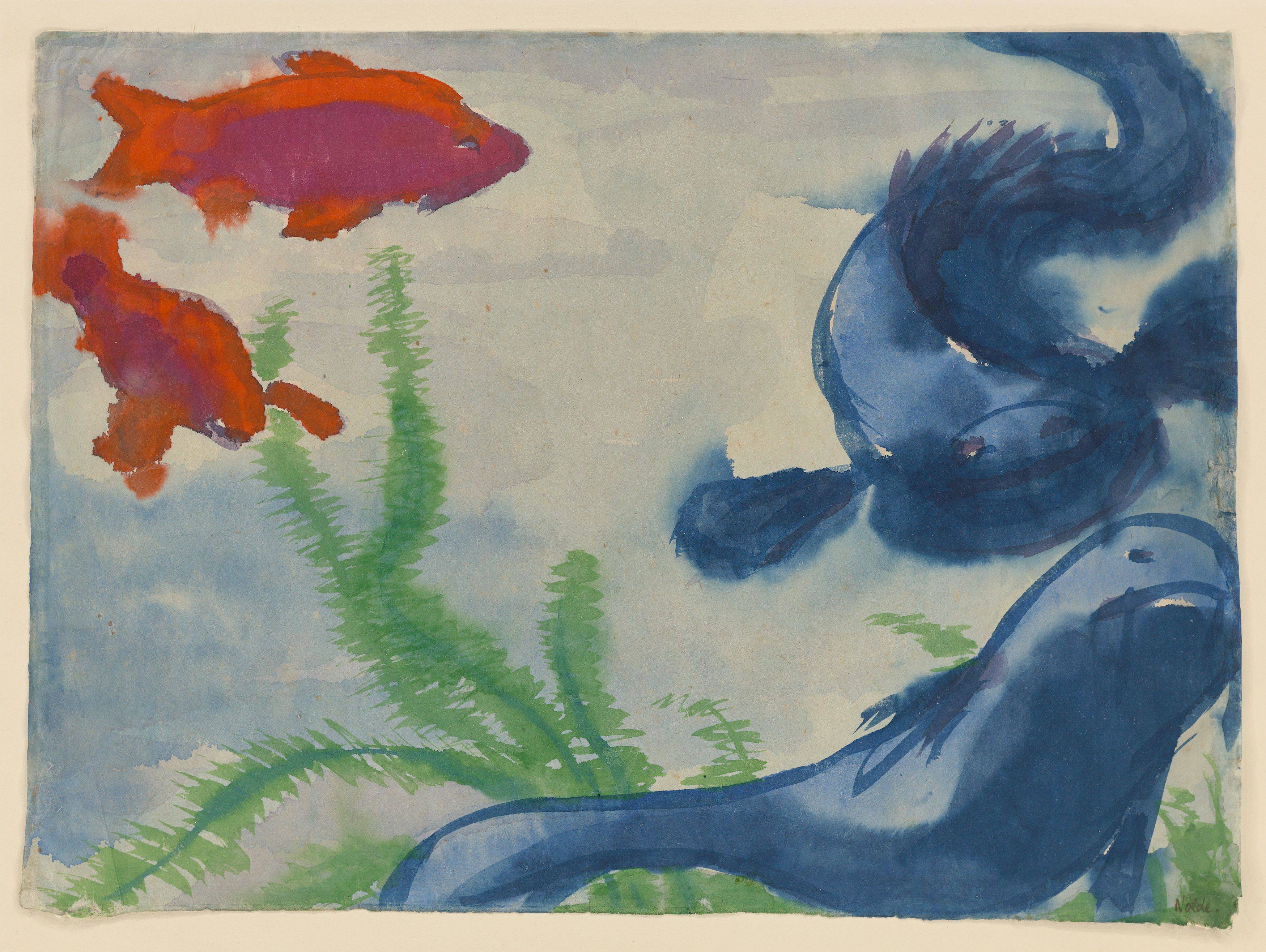 Auf diesem Bild ist das folgende Kunstwerk zu sehen: Emil Nolde. „Blaue und rote Zierfische im Aquarium“. Um 1923/24.