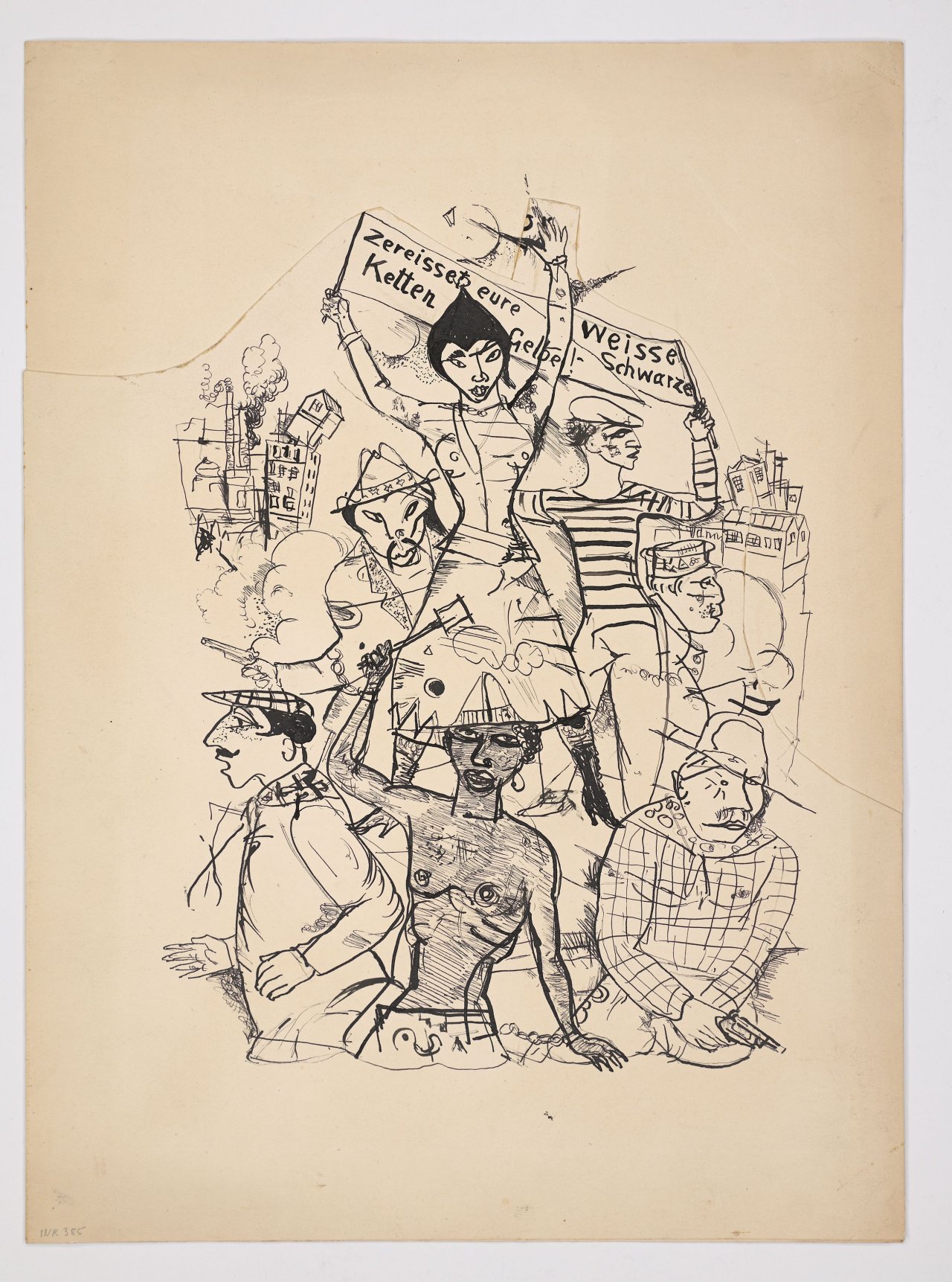 Auf diesem Bild ist das folgende Kunstwerk zu sehen: Rudolf Schlichter. „Zereisset eure Ketten Weisse Schwarze Gelbe!“. Um 1919.