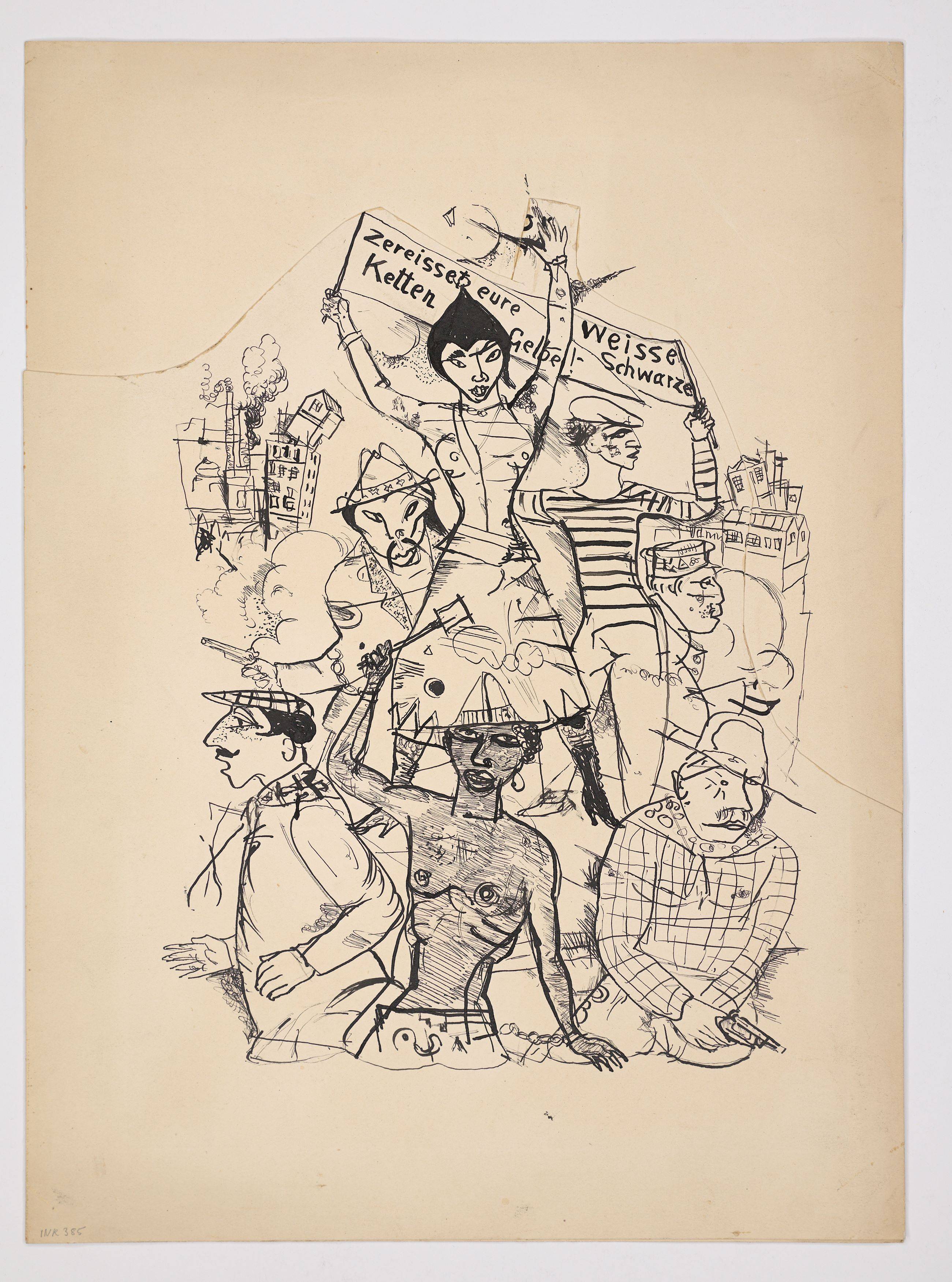 Auf diesem Bild ist das folgende Kunstwerk zu sehen: Rudolf Schlichter. „Zereisset eure Ketten Weisse Schwarze Gelbe!“. Um 1919.