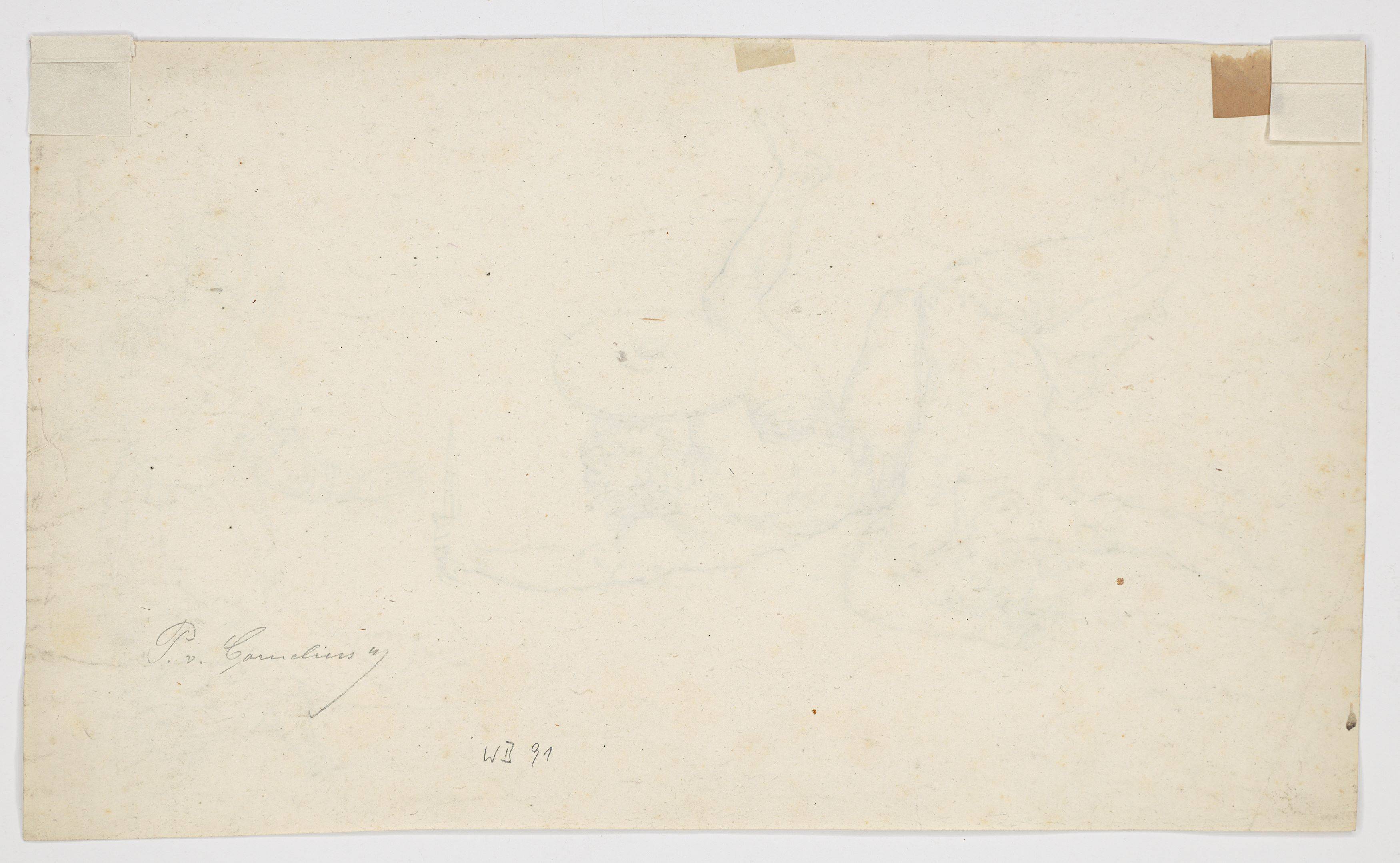 Auf diesem Bild ist das folgende Kunstwerk zu sehen: Peter von Cornelius. Zwei gestürzte Krieger, kniende Frau. 1831.