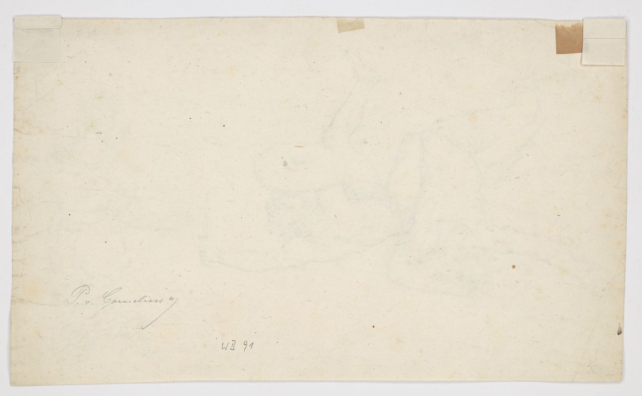 Auf diesem Bild ist das folgende Kunstwerk zu sehen: Peter von Cornelius. Zwei gestürzte Krieger, kniende Frau. 1831.