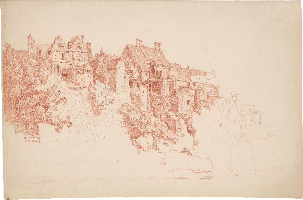 This picture shows the following artwork: Jakob Philipp Hackert. Houses on a steep bank. Presumably circa 1766/67.