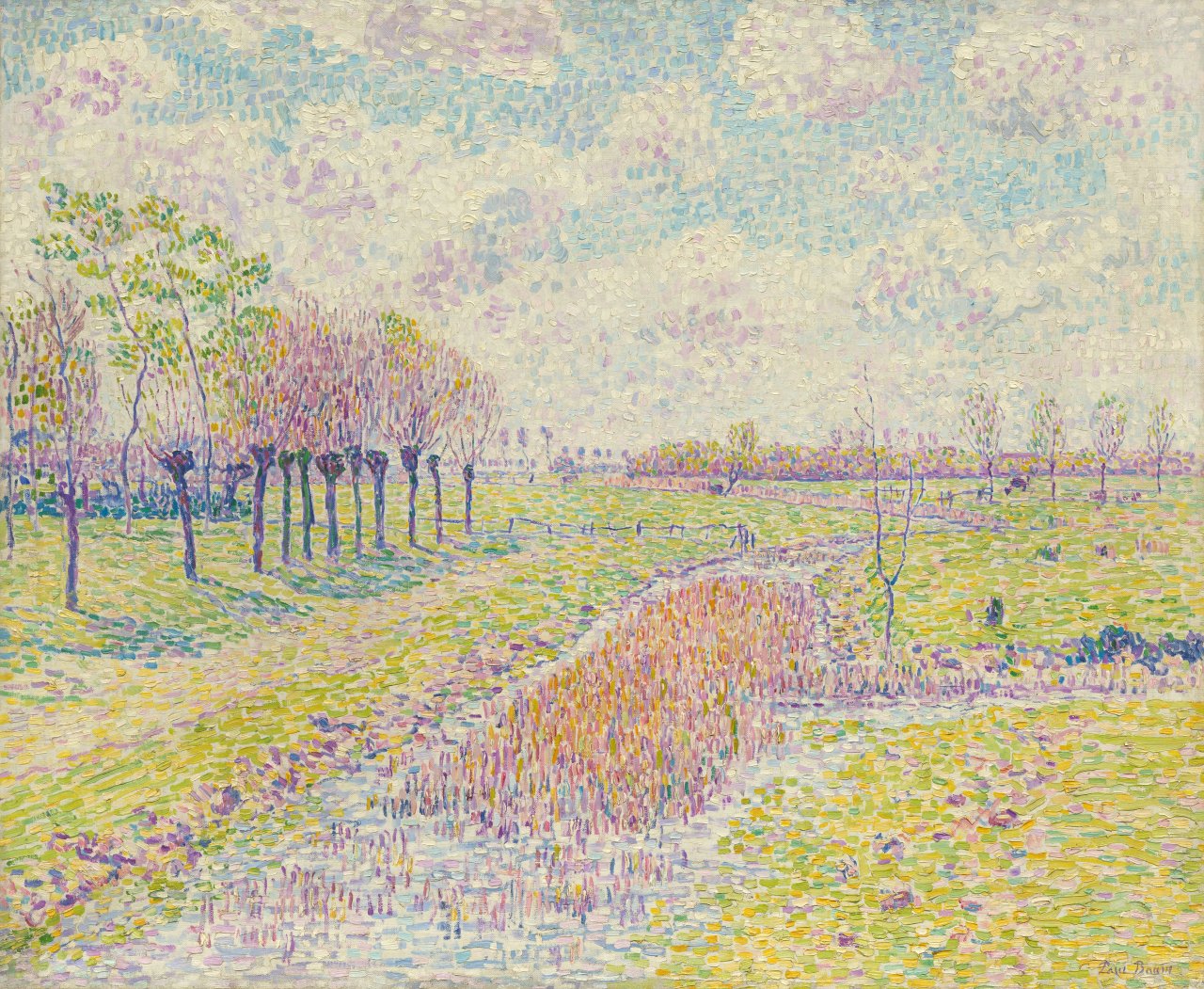 Auf diesem Bild ist das folgende Kunstwerk zu sehen: Paul Baum. „Kopfweidenreihe an sonnigen Frühlingswiesen mit schilfgrasdurchwachsenem Bach“ („Frühlingslandschaft mit Wasserlauf“). Um 1906.