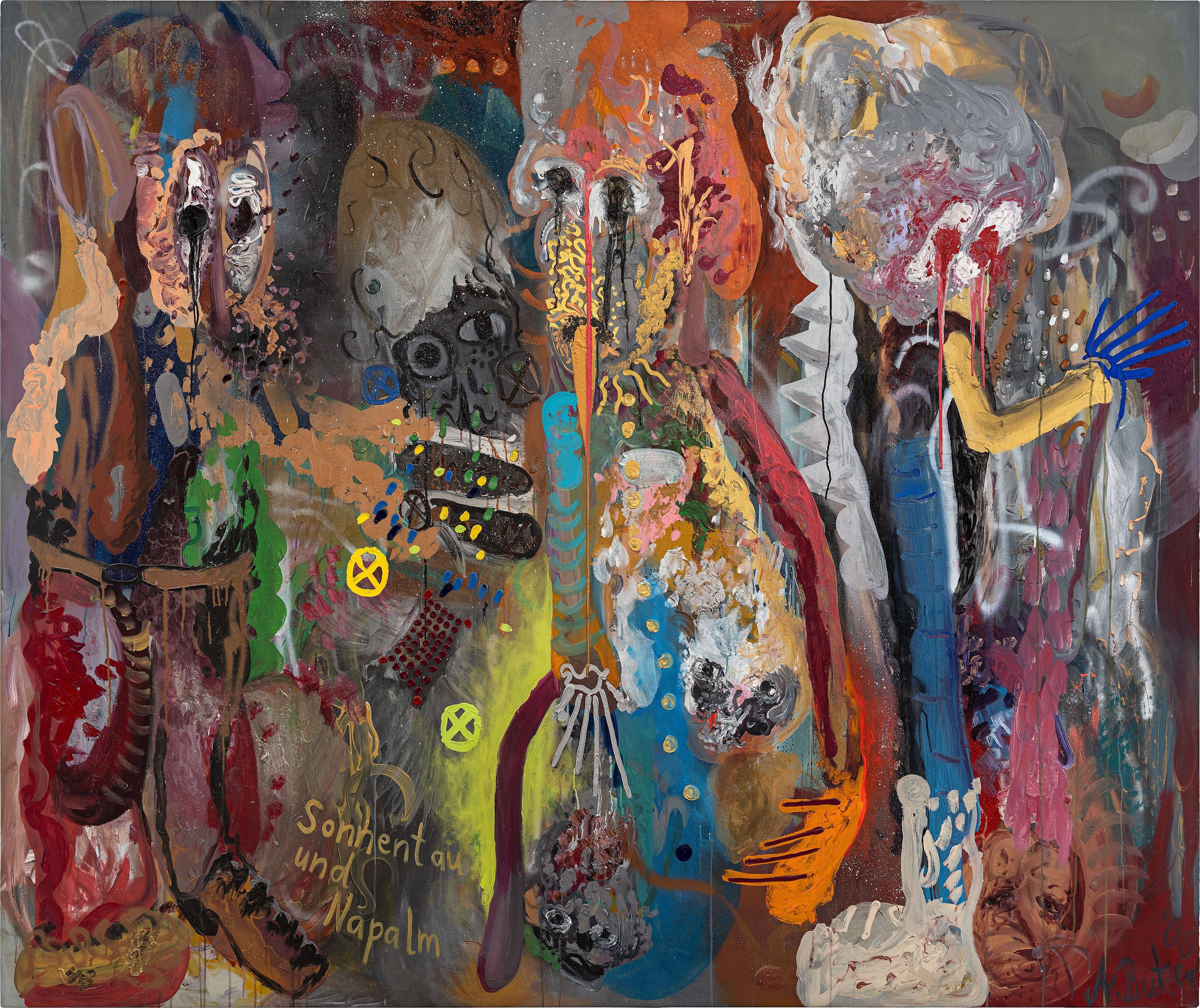 This picture shows the following artwork: André Butzer. ”Sonnentau und Napalm (VERSPERRT NICHT DIE PFADE DER FEEN!)”. 2000.