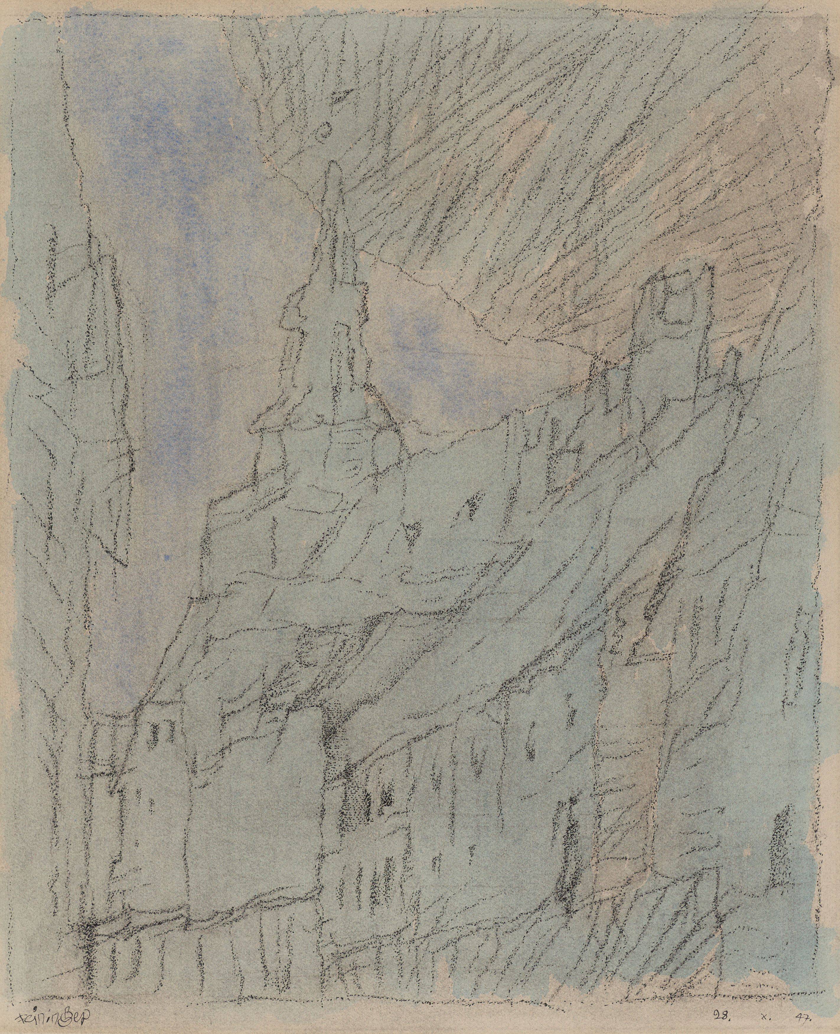 Auf diesem Bild ist das folgende Kunstwerk zu sehen: Lyonel Feininger. Häuser. 1947.