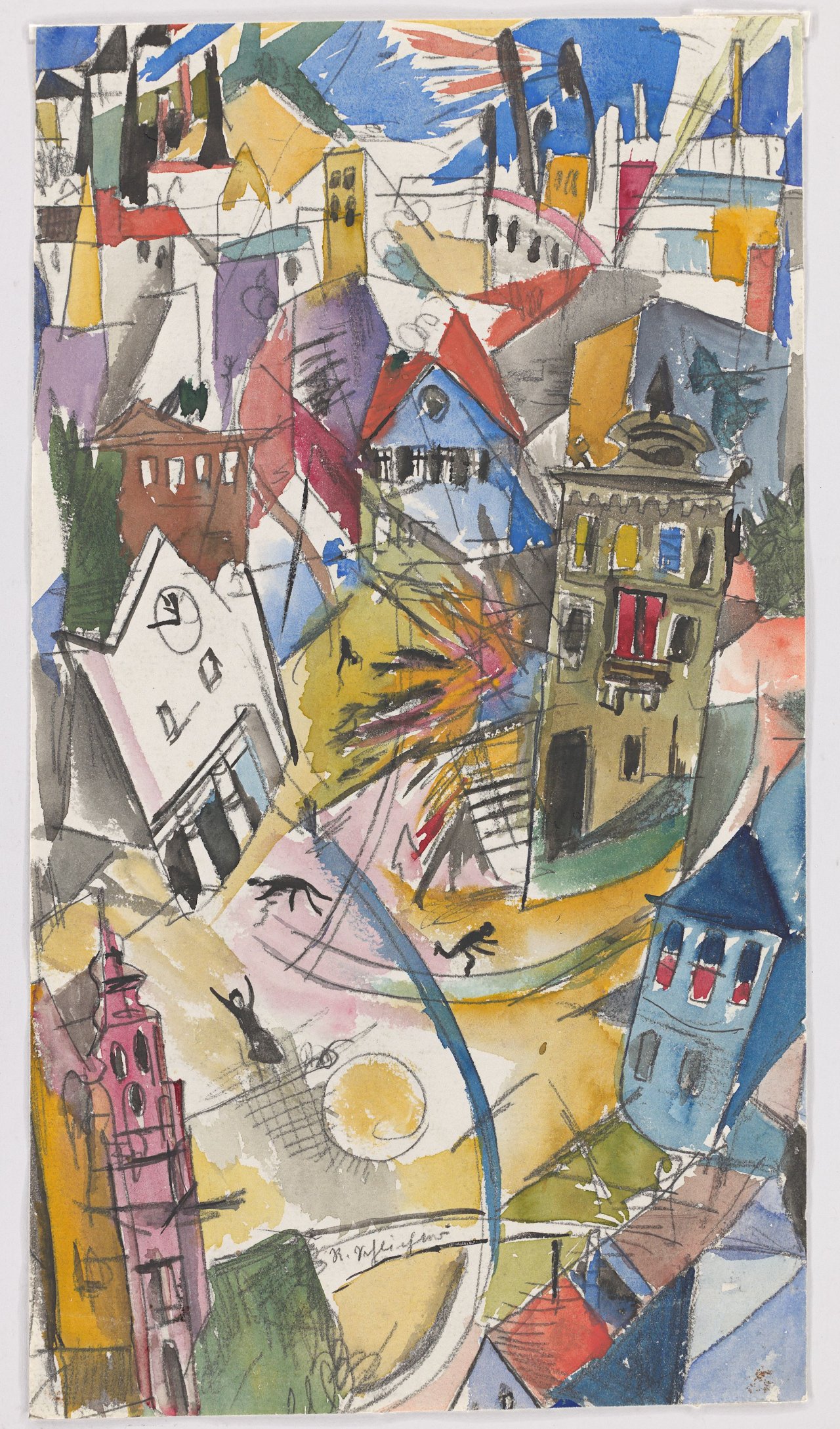 Auf diesem Bild ist das folgende Kunstwerk zu sehen: Rudolf Schlichter. Die Explosion (Apokalyptische Stadt). Um 1916.