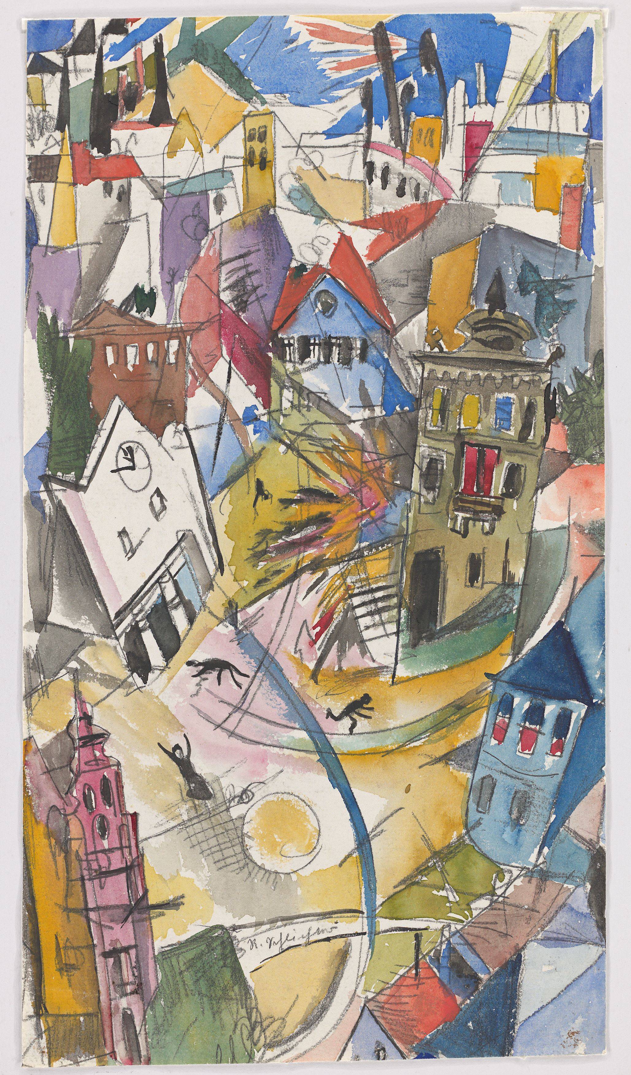 Auf diesem Bild ist das folgende Kunstwerk zu sehen: Rudolf Schlichter. Die Explosion (Apokalyptische Stadt). Um 1916.