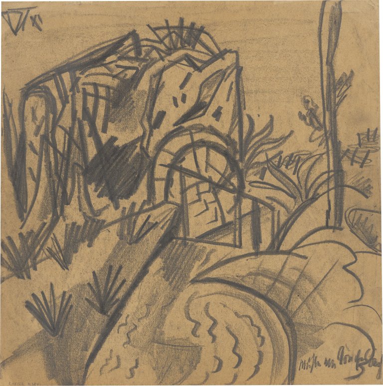 Auf diesem Bild ist das folgende Kunstwerk zu sehen: Otto Dix. „Mühle am Souchez-Bach“. 1915.
