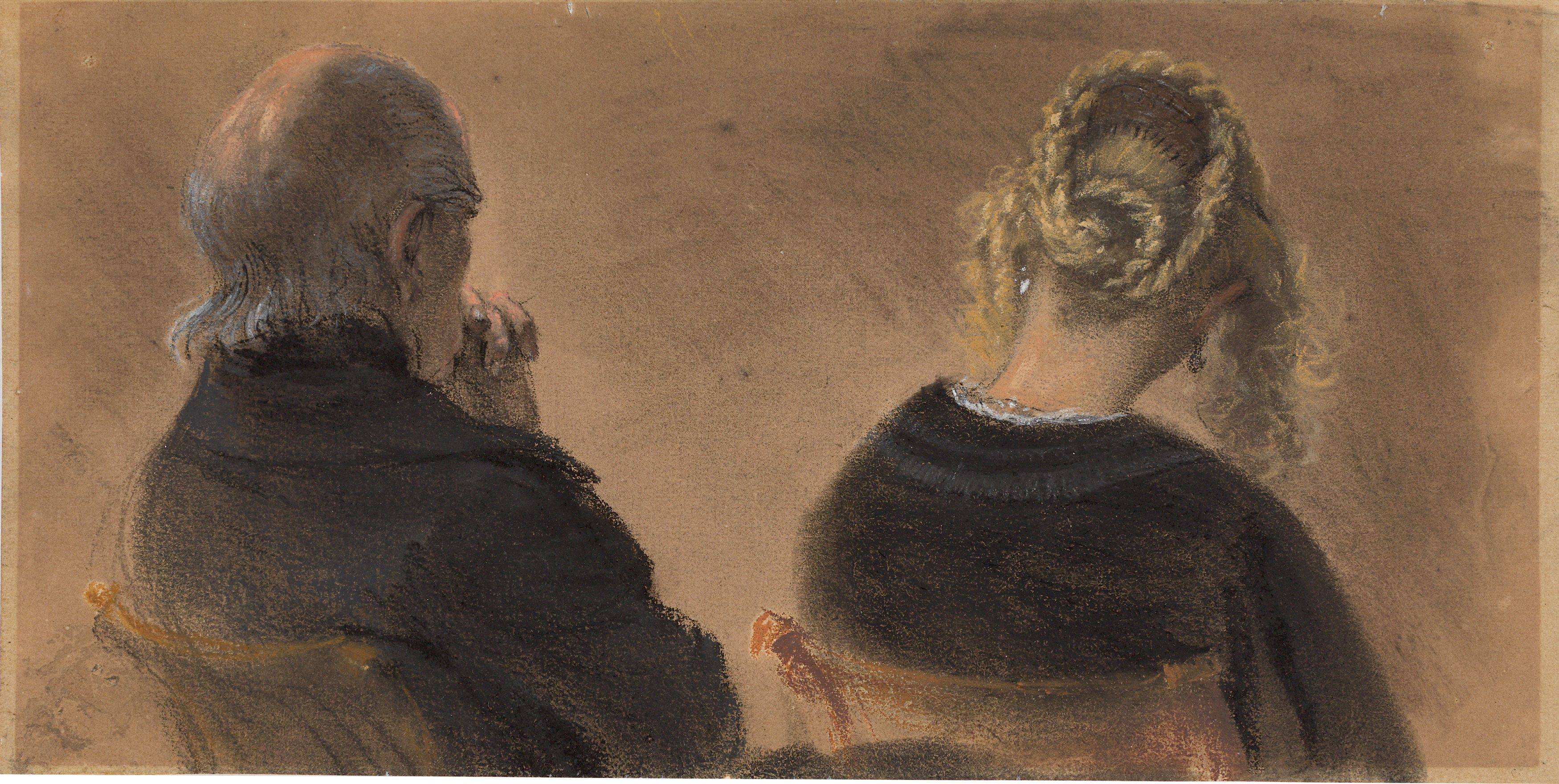 Auf diesem Bild ist das folgende Kunstwerk zu sehen: Adolph Menzel. Älterer Mann und junge Frau sitzend, in halber Figur vom Rücken gesehen. Um 1850.