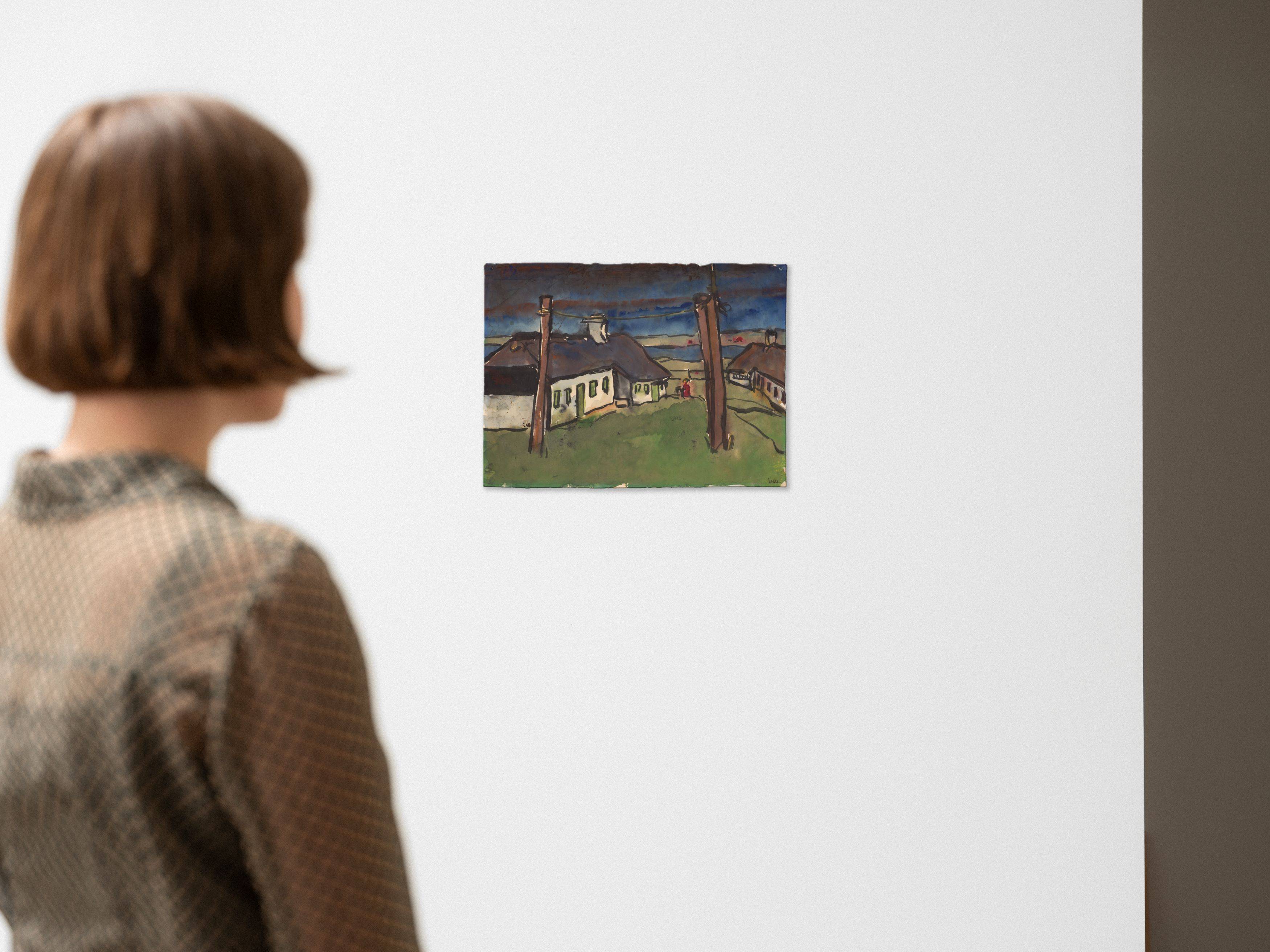 Auf diesem Bild ist das folgende Kunstwerk zu sehen: Emil Nolde. „Friesische Bauernhäuser und Wäschestangen“. 1920er-Jahre.