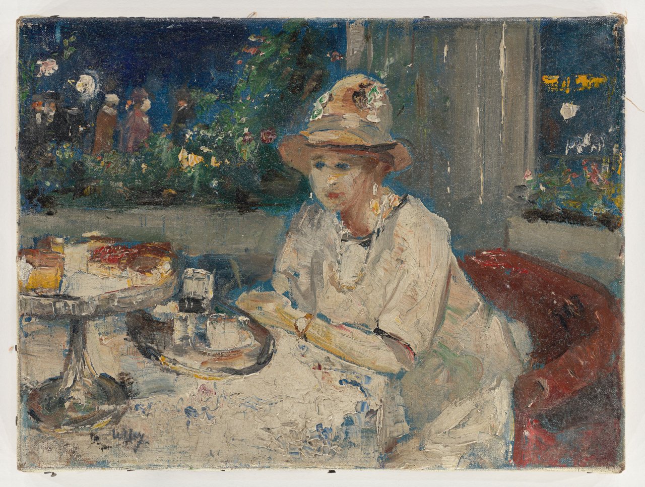Auf diesem Bild ist das folgende Kunstwerk zu sehen: Lesser Ury. „Dame in Weiß auf einer Café-Terrasse“. Um 1928.