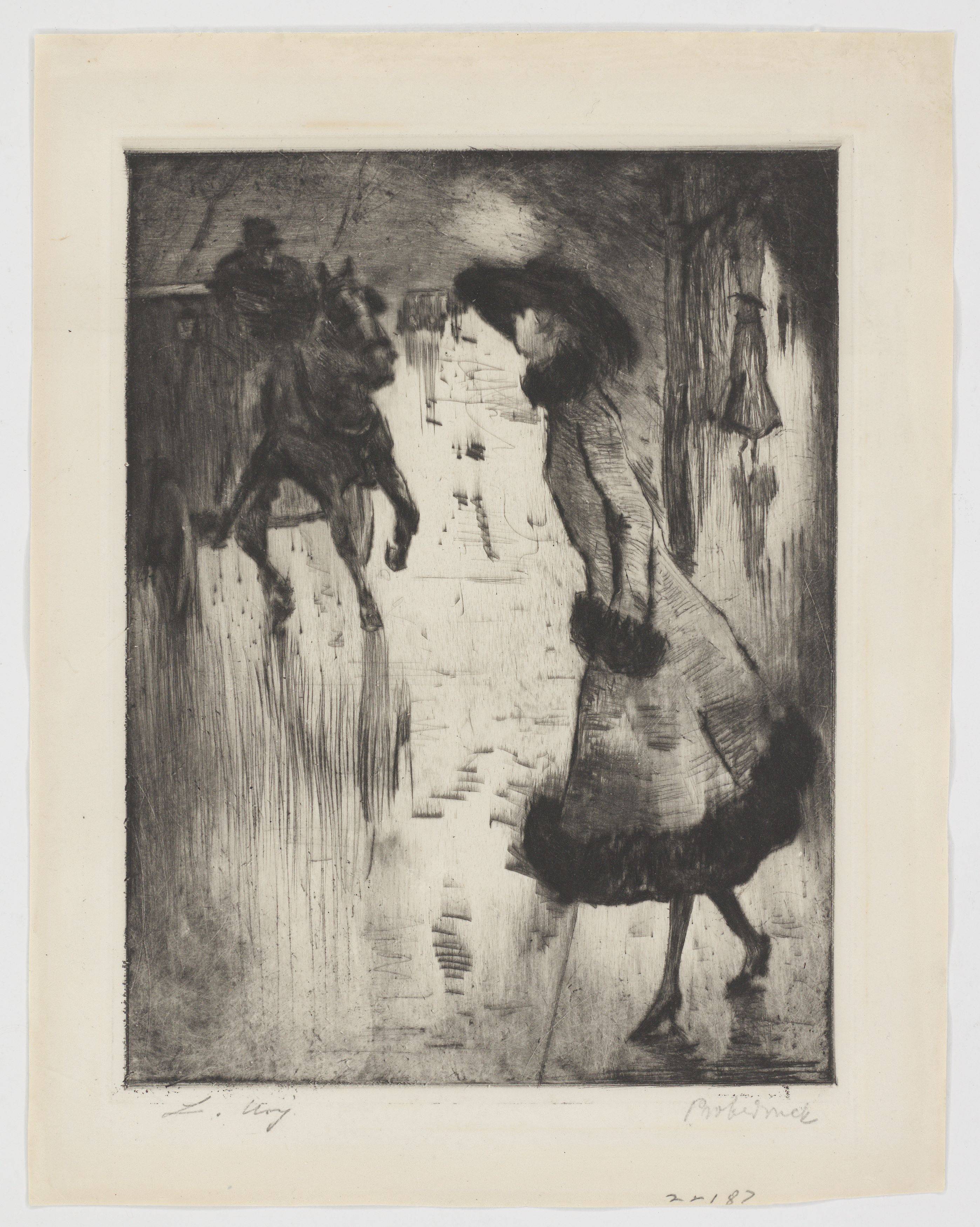 Auf diesem Bild ist das folgende Kunstwerk zu sehen: Lesser Ury. „Dame, eine Pferdedroschke rufend“. Um 1920.