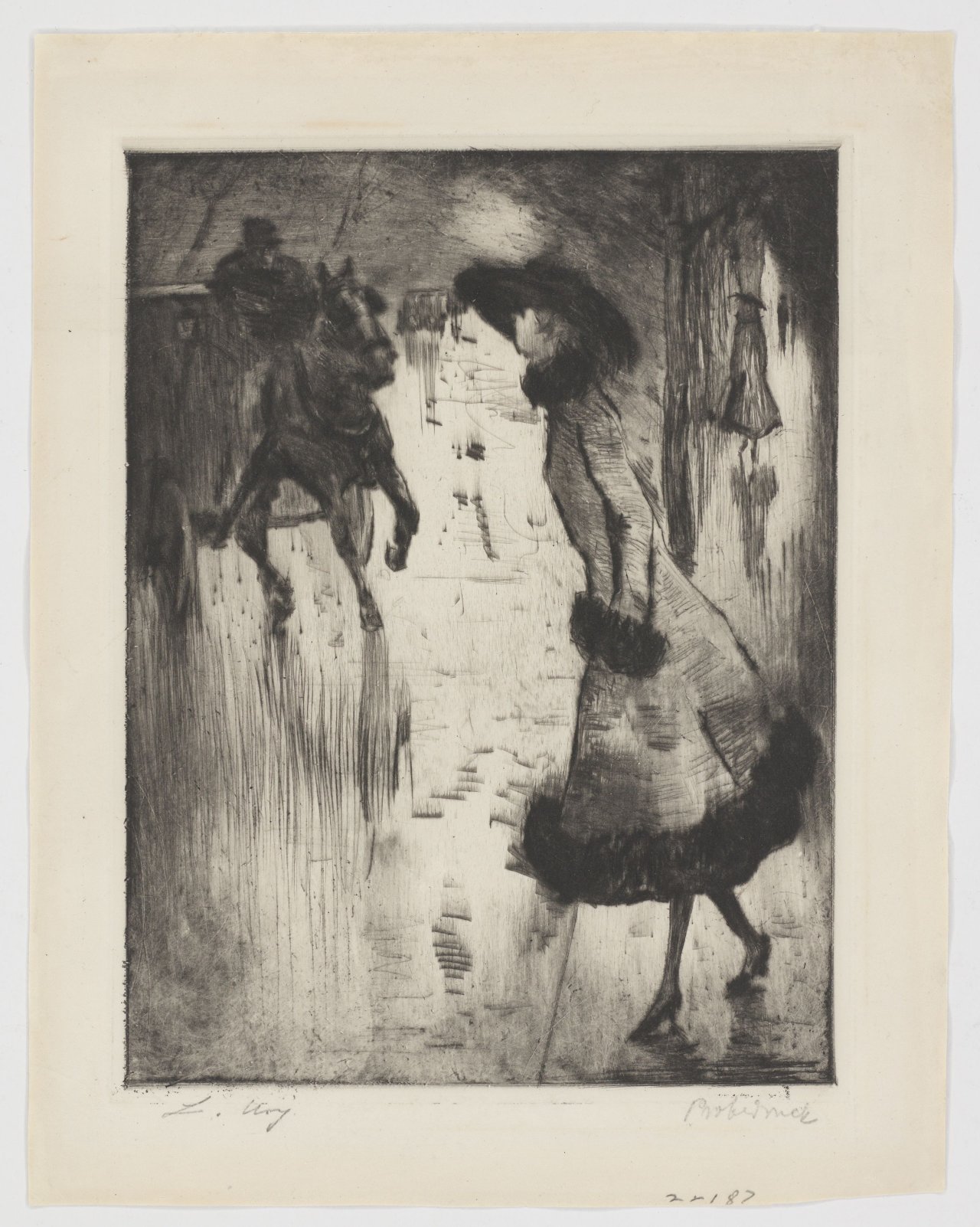 Auf diesem Bild ist das folgende Kunstwerk zu sehen: Lesser Ury. „Dame, eine Pferdedroschke rufend“. Um 1920.