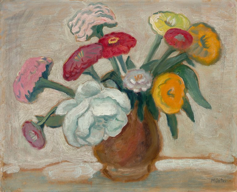 Auf diesem Bild ist das folgende Kunstwerk zu sehen: Gabriele Münter. „Zinnien und weiße Rose“. 1935.