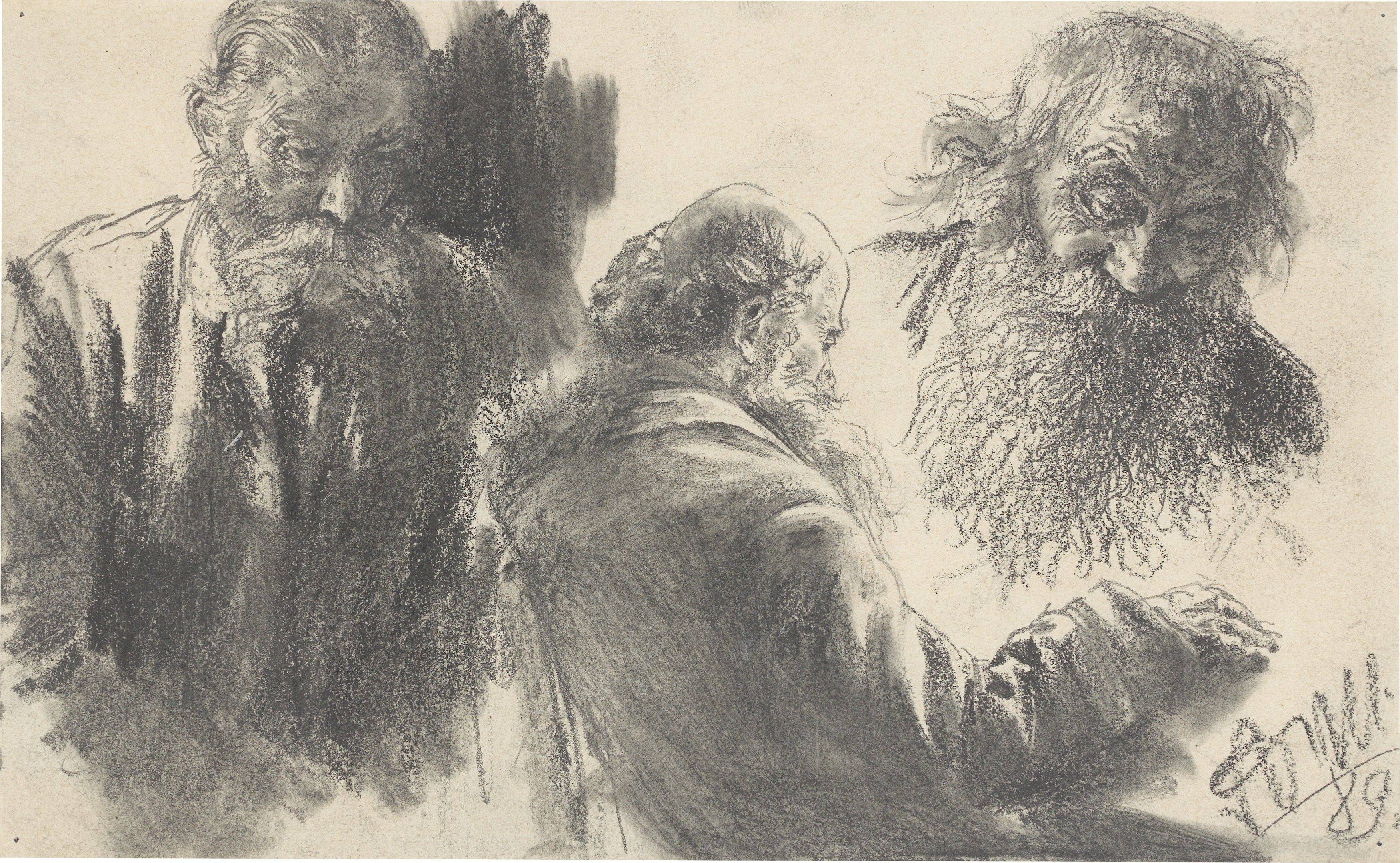 Auf diesem Bild ist das folgende Kunstwerk zu sehen: Adolph Menzel. Drei Studien von bärtigen Männern. 1889.