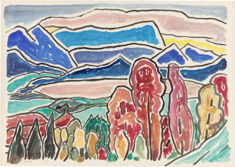 Auf diesem Bild ist das folgende Kunstwerk zu sehen: Gabriele Münter. „Blick aufs Wettersteingebirge“. 1956.