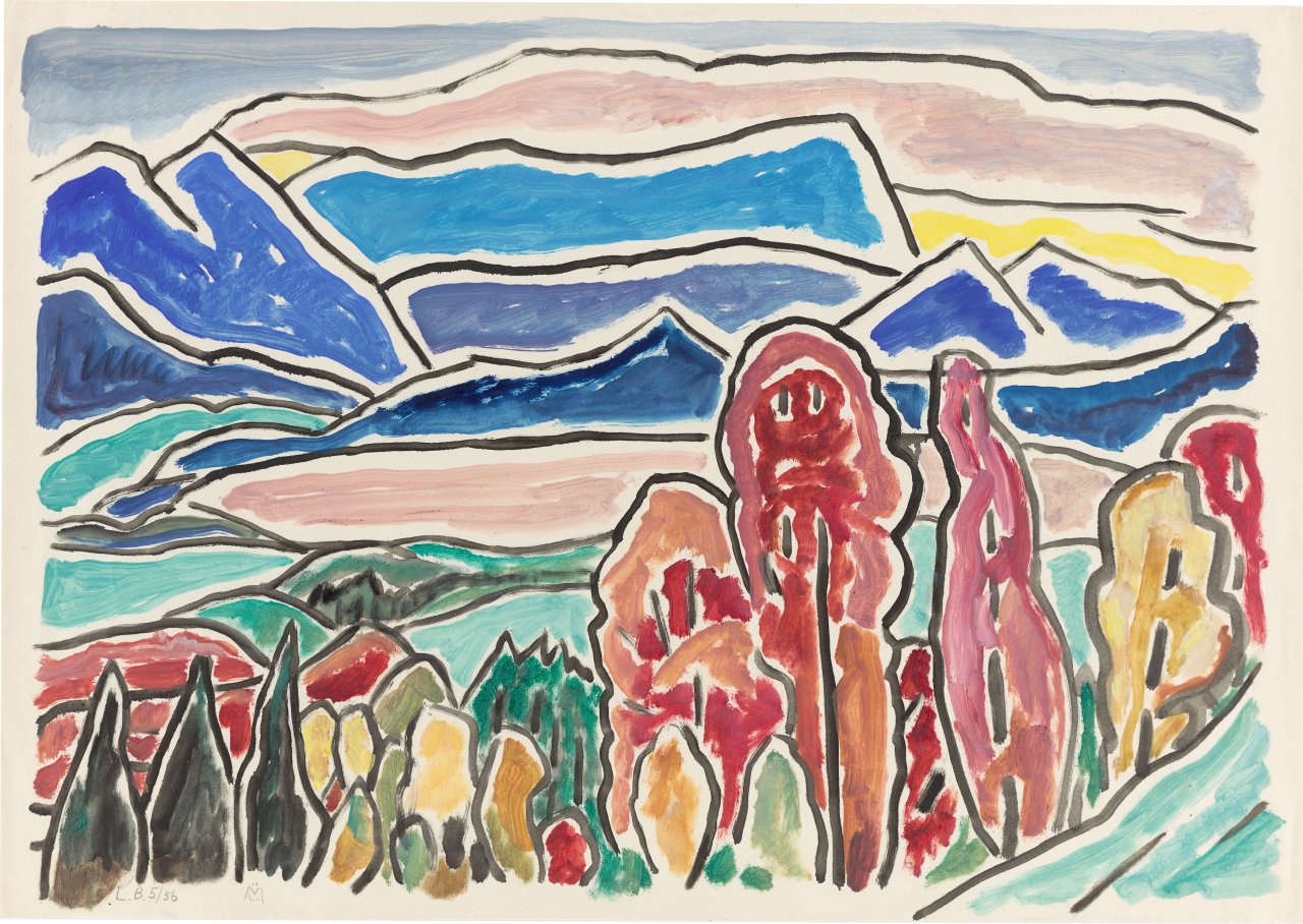 Auf diesem Bild ist das folgende Kunstwerk zu sehen: Gabriele Münter. „Blick aufs Wettersteingebirge“. 1956.