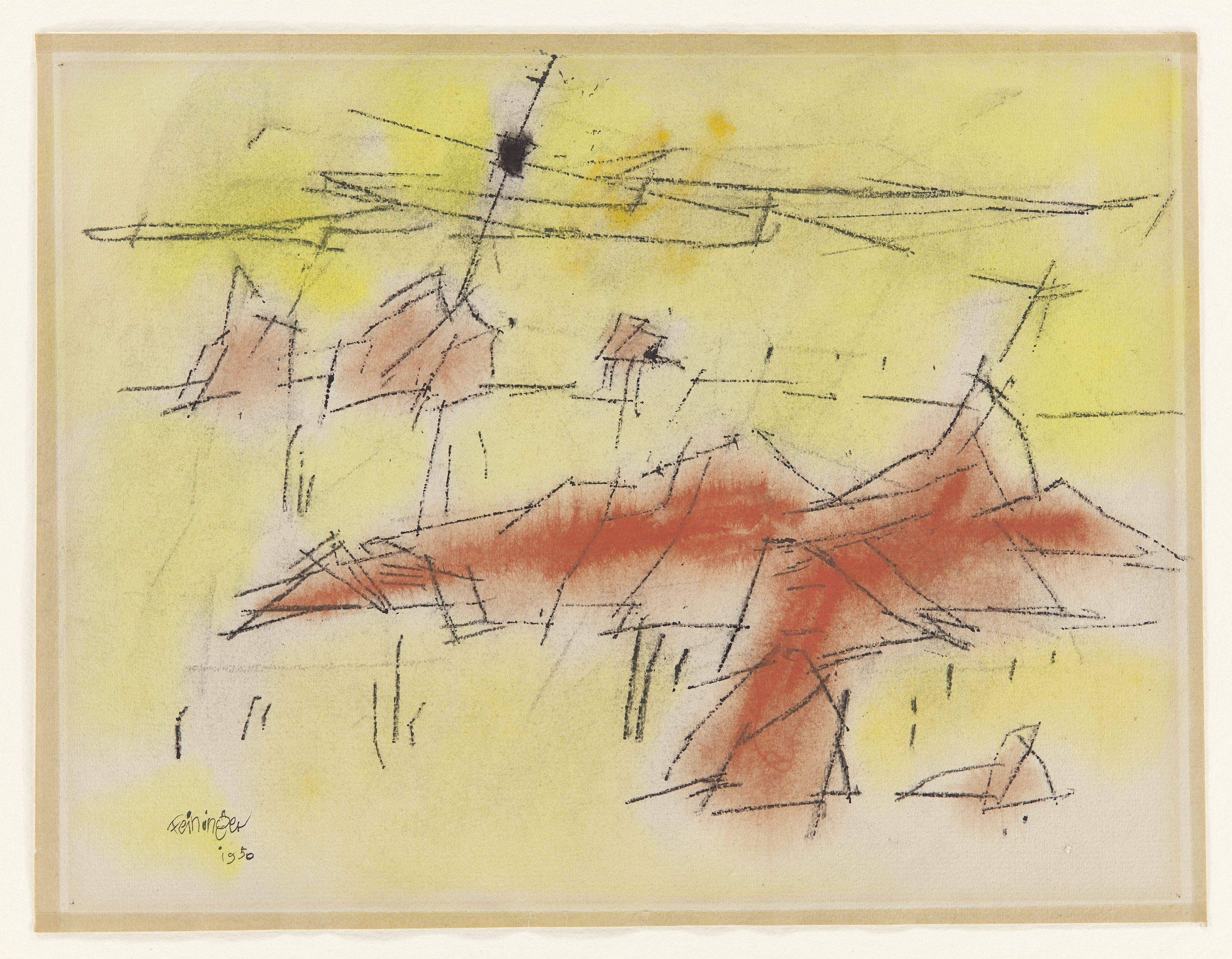 This picture shows the following artwork: Lyonel Feininger. ”composition in red, yellow and black”. 1950.