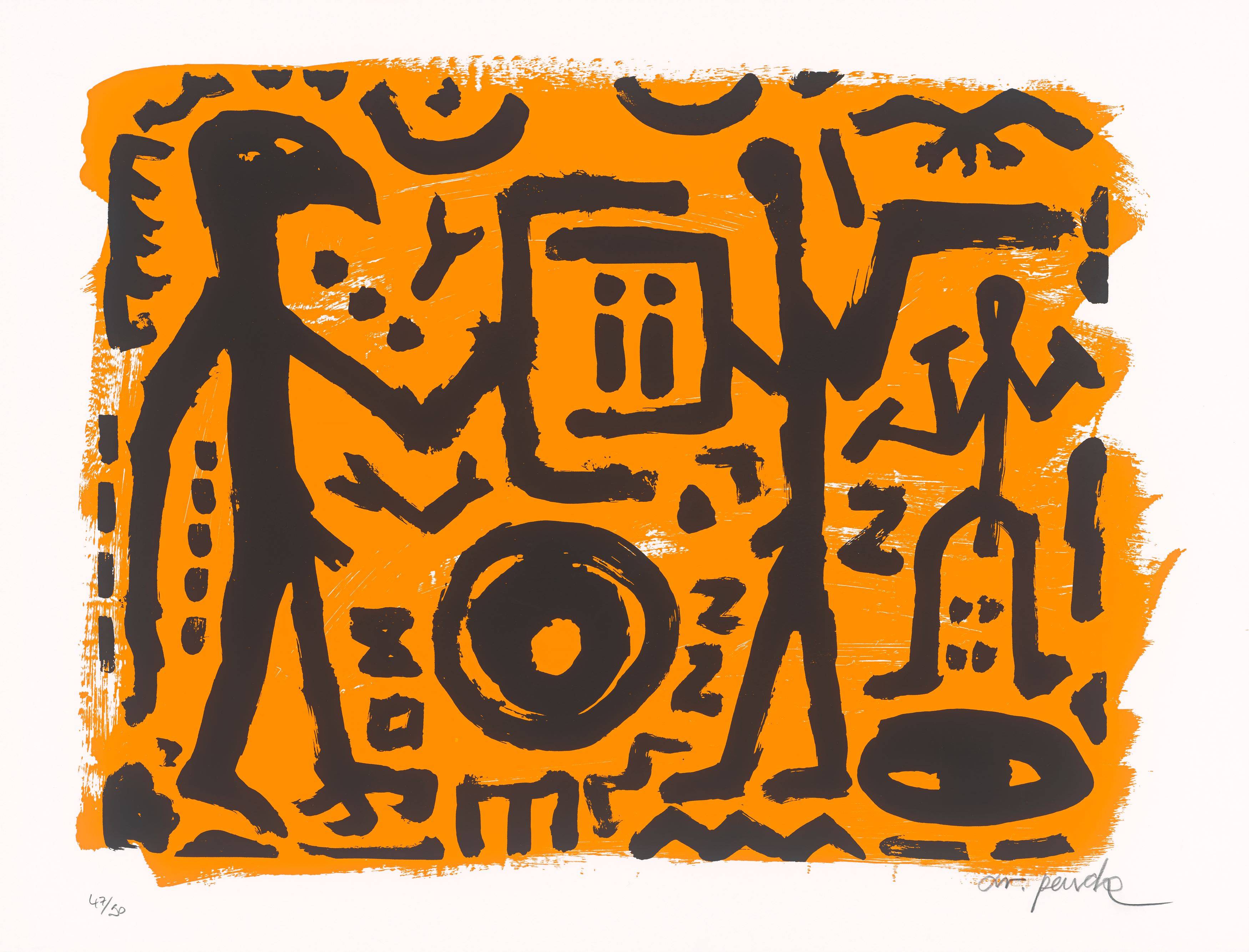 This picture shows the following artwork: A.R. Penck. ”Falkenkopf, Jäger und Adler”. 1994.