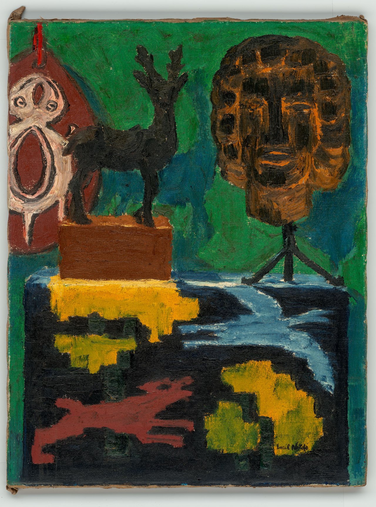 Auf diesem Bild ist das folgende Kunstwerk zu sehen: Emil Nolde. „Stilleben P (Grüner Hintergrund, Hirsch, Kopf)“. 1915.