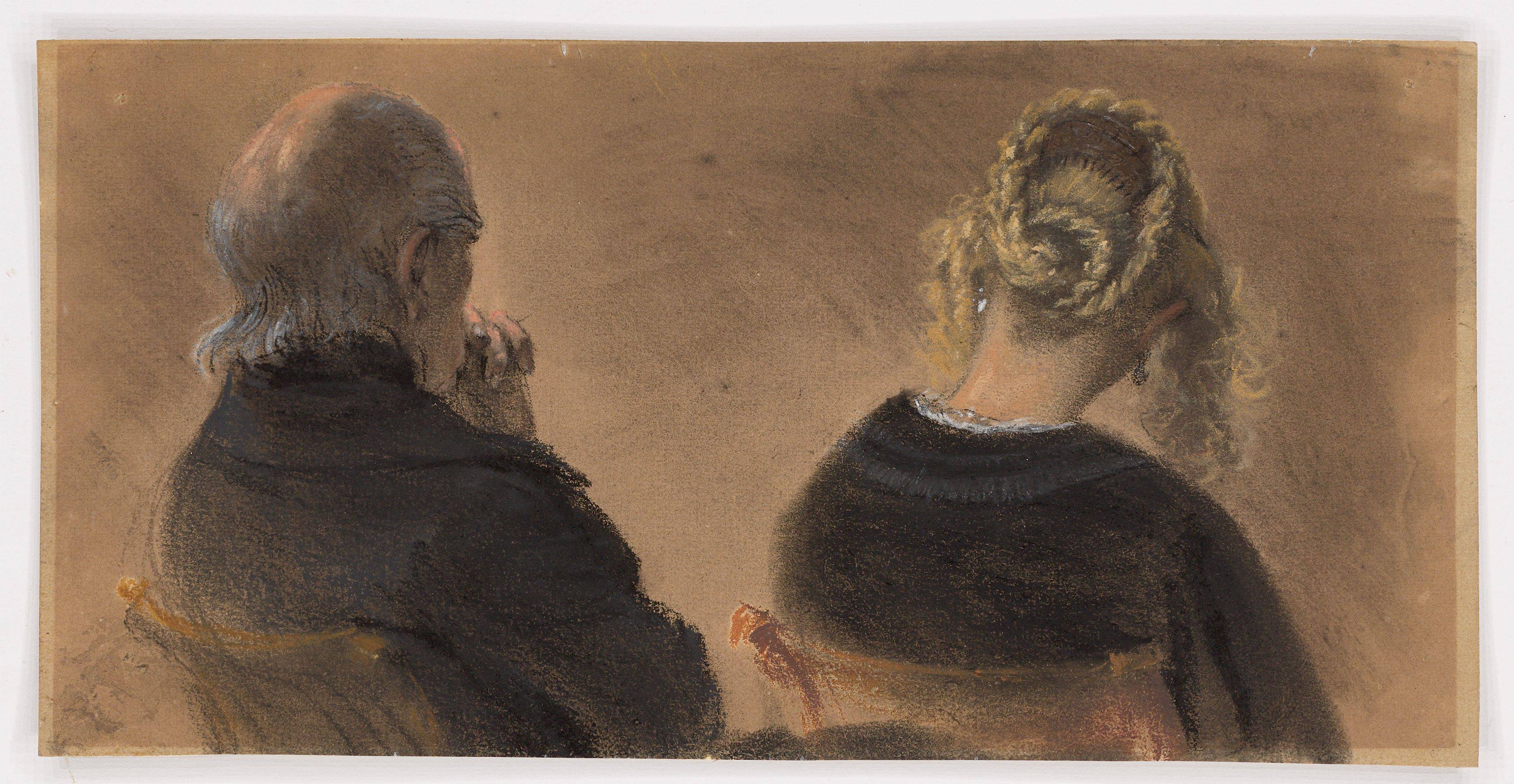 Auf diesem Bild ist das folgende Kunstwerk zu sehen: Adolph Menzel. Älterer Mann und junge Frau sitzend, in halber Figur vom Rücken gesehen. Um 1850.