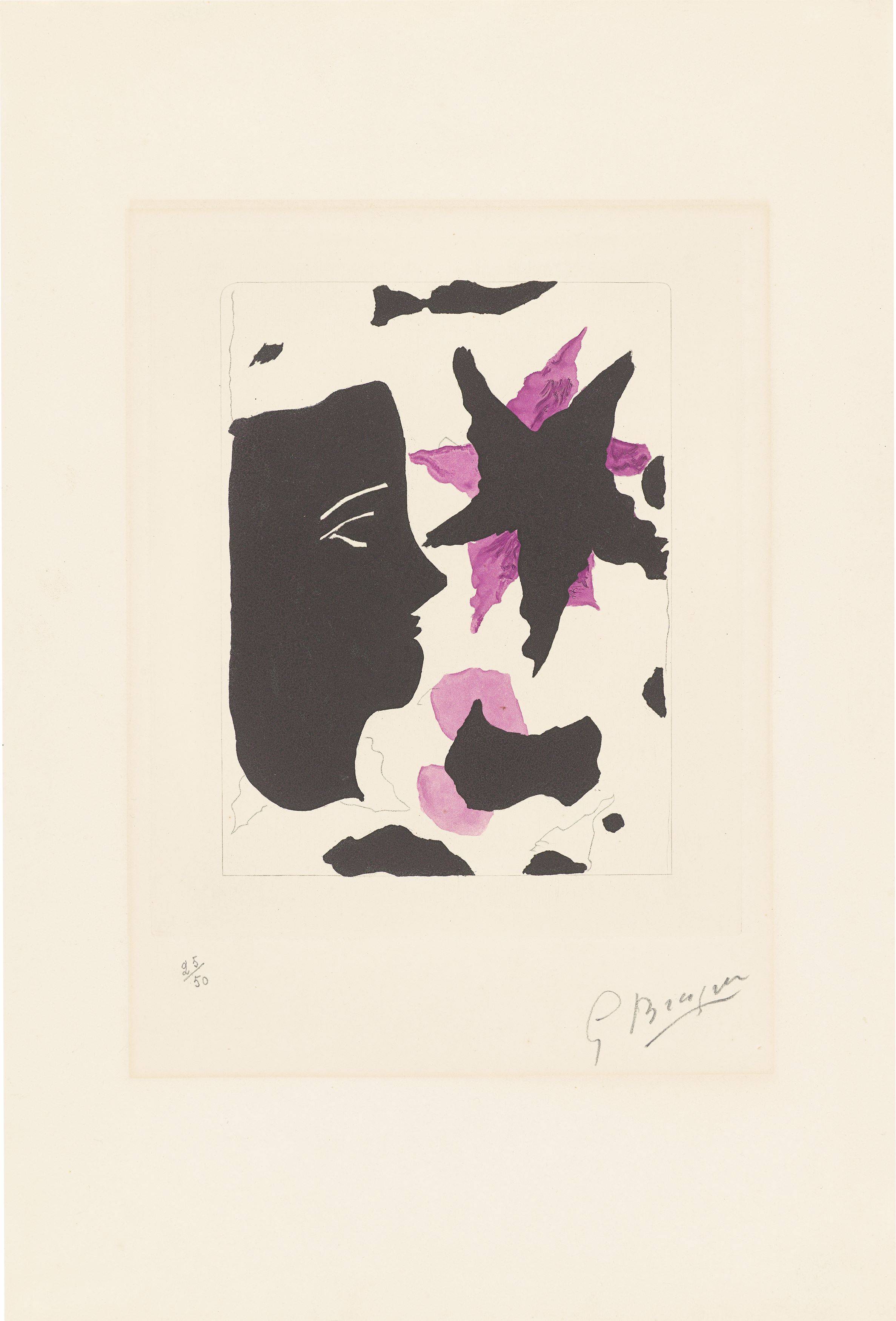 Auf diesem Bild ist das folgende Kunstwerk zu sehen: Georges Braque. „Tête en profil et l’étoile (mauve)“. 1960.