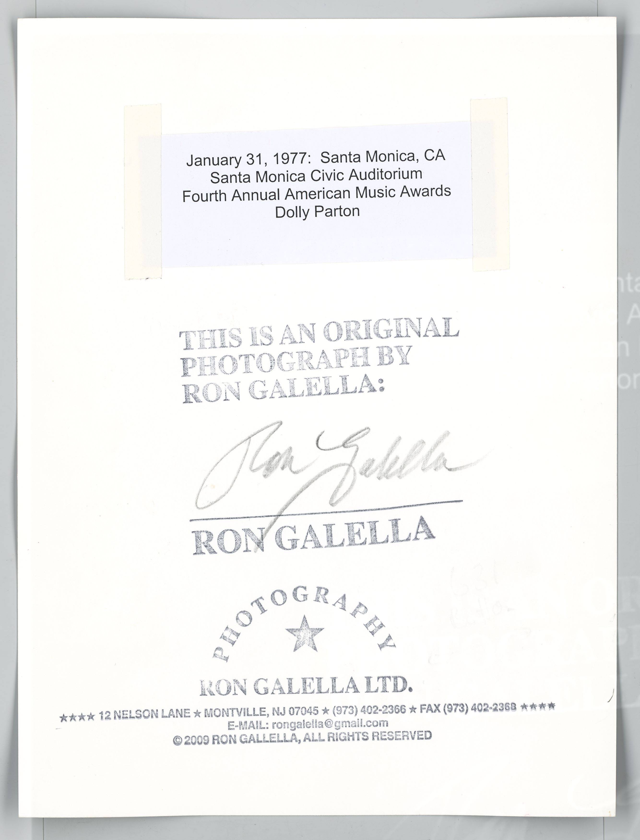This picture shows the following artwork: Ron Galella (i.e. Galella, Ronald E.). Dolly Parton, Santa Monica, CA. 1977.