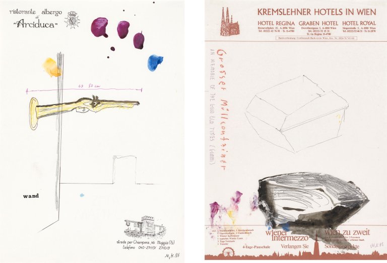Auf diesem Bild ist das folgende Kunstwerk zu sehen: Martin Kippenberger. Ohne Titel (Kremslehner Hotels in Wien / Ristorante Albergo all'Arciduca, Trieste). 1988.