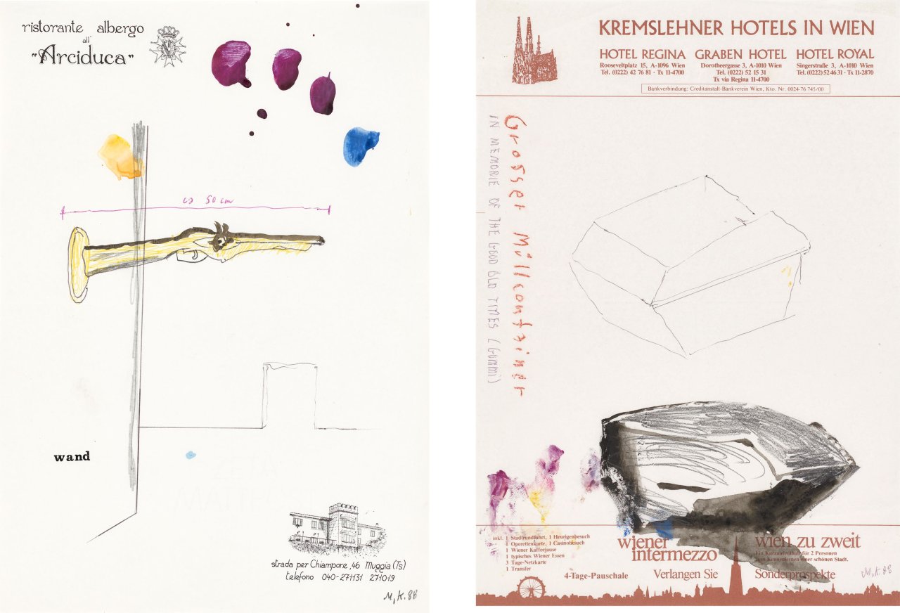 Auf diesem Bild ist das folgende Kunstwerk zu sehen: Martin Kippenberger. Ohne Titel (Kremslehner Hotels in Wien / Ristorante Albergo all'Arciduca, Trieste). 1988.