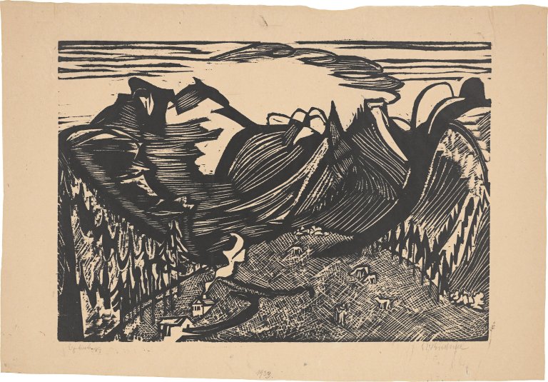 Auf diesem Bild ist das folgende Kunstwerk zu sehen: Ernst Ludwig Kirchner. „Berglandschaft mit Alp“. 1933.