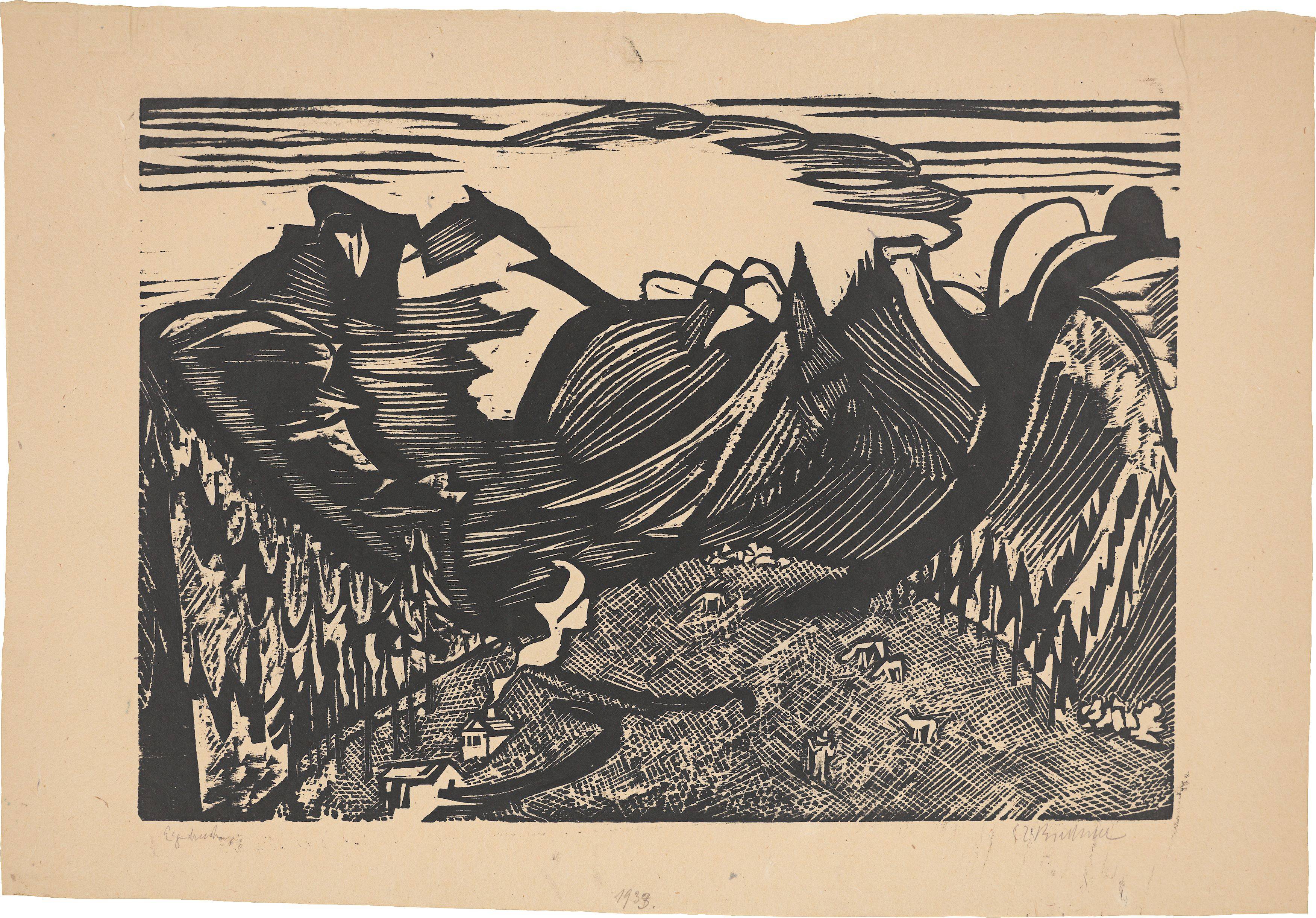 Auf diesem Bild ist das folgende Kunstwerk zu sehen: Ernst Ludwig Kirchner. „Berglandschaft mit Alp“. 1933.
